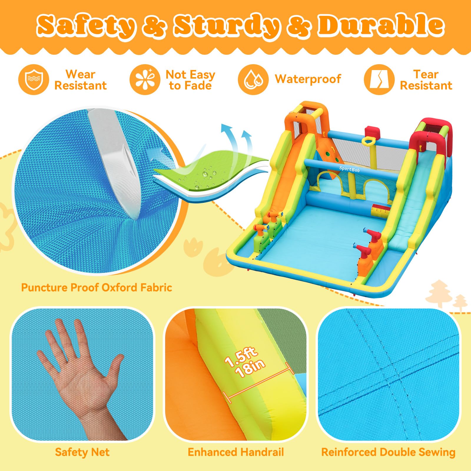 Castello Gonfiabile Grande con Acquatico Scivolo per Bambini, 452x416x210cm | con Piscina, 4 Cannoni Spruzzatori d'acqua, 2 Pareti Arrampicata, Trampolino, Canestro da Basket per Interno Giardino Esterno