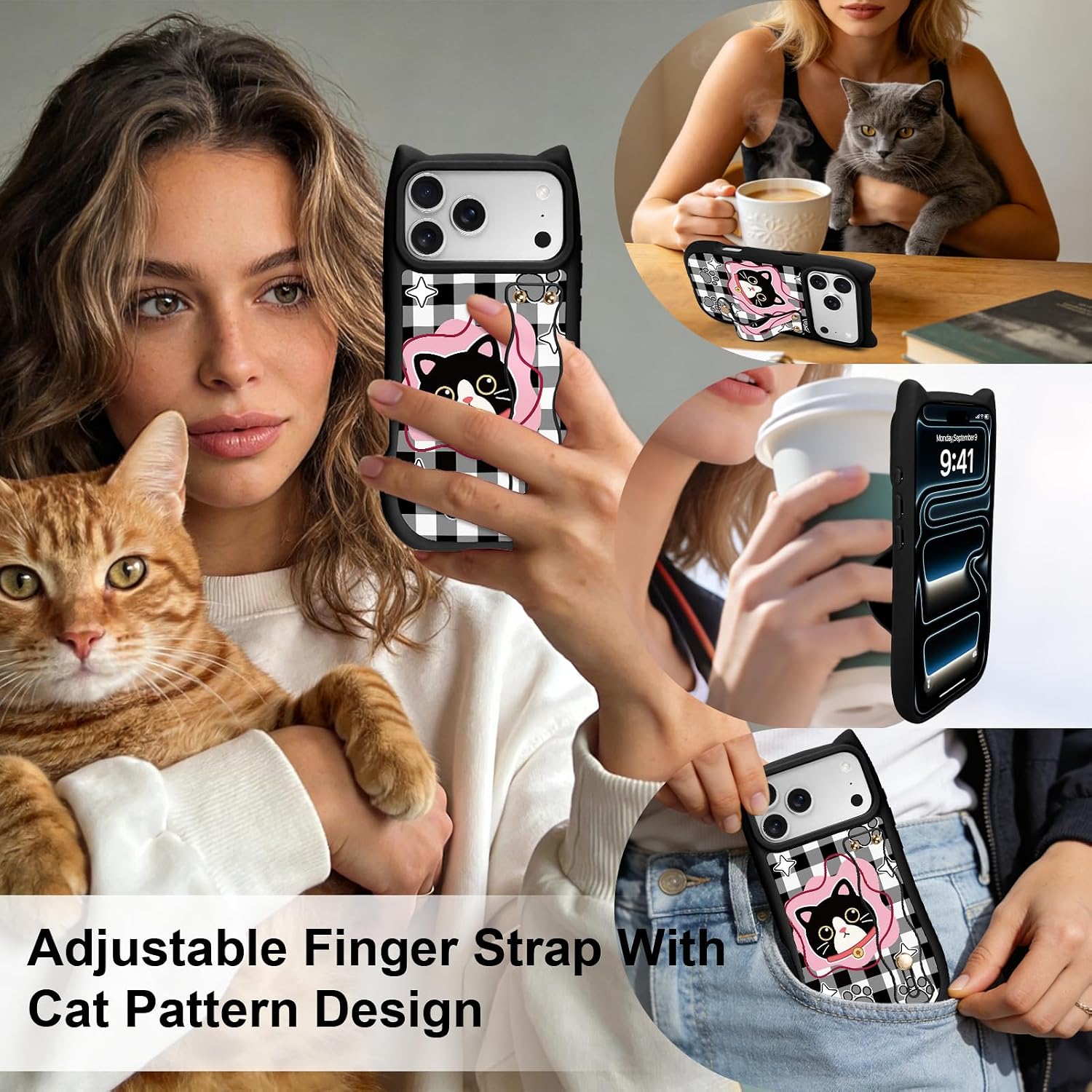 for iPhone 17 Pro Case with Wrist Stand, Cute Cat Checkered Pattern with 3D Cat Ear Design, Kawaii Adjustable Soft Strap Protective Animal Phone Cover for Women Girls, Grey