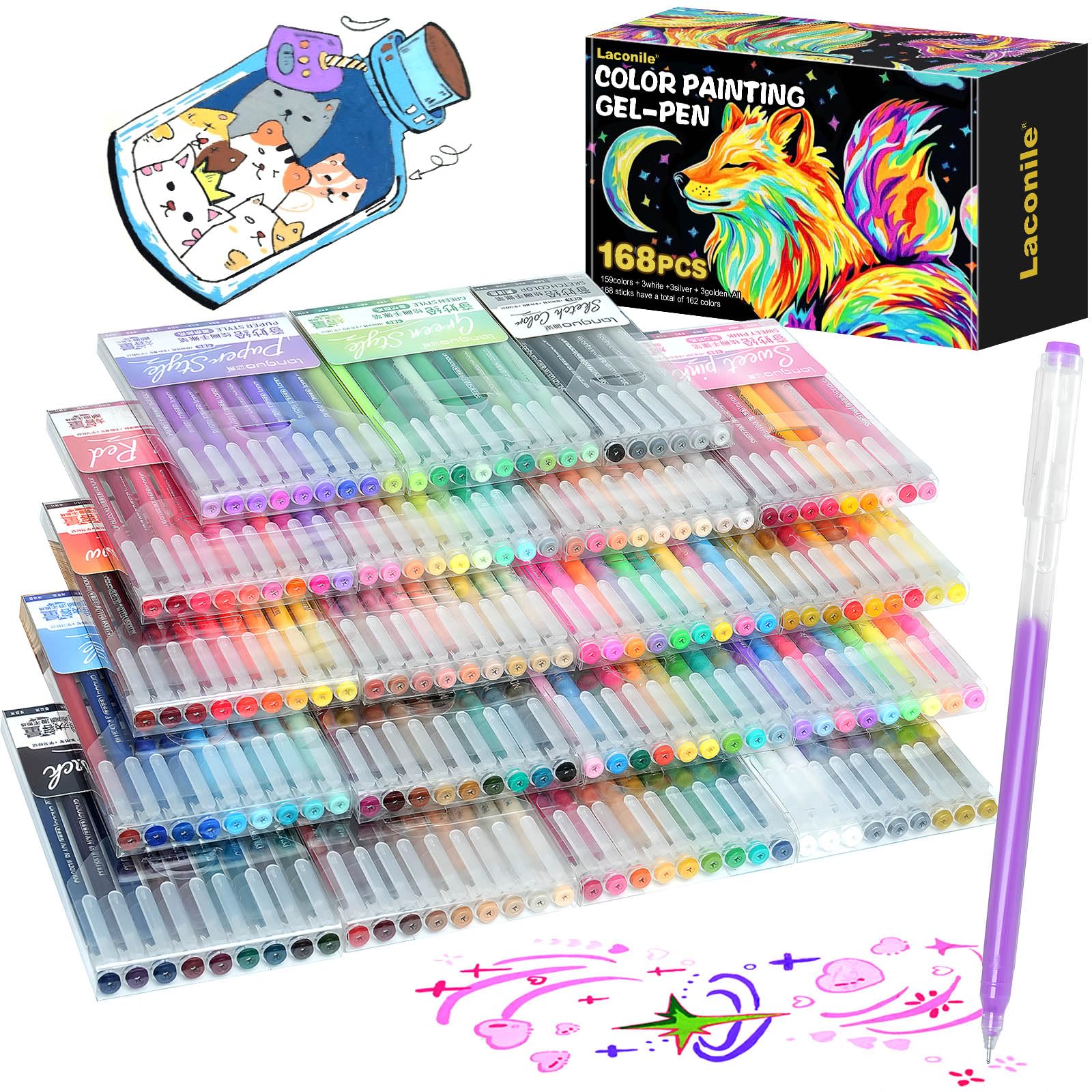 Laconile 168 Gelstifte Set für Erwachsene, 162 Farben Gelschreiber für Malbücher Journaling und Zeichnen, Morandi Pastell und Metallic Farben inklusive, Premium Kreativ Geschenkset