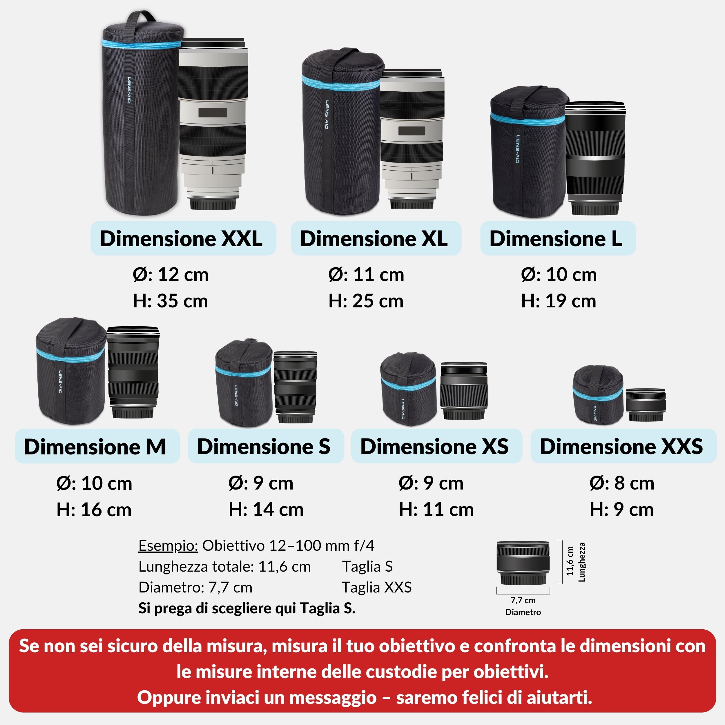 LENS-AID Custodia Obiettivo Imbottita con Zip – Borsa Protettiva, Protezione Totale per Obiettivi DSLR e Mirrorless, Nero, XL (11 x 25 cm)