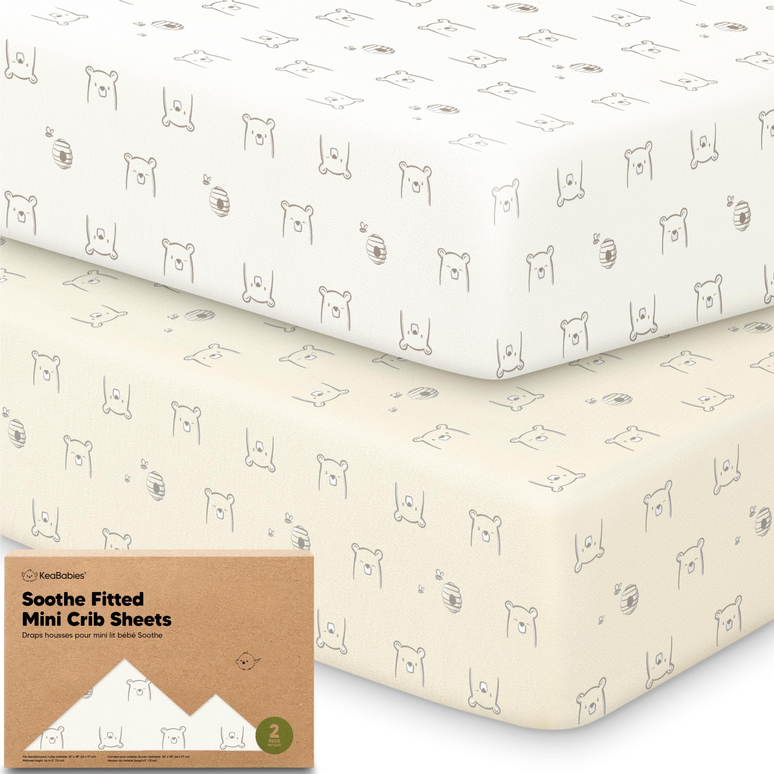 2pk Mini Crib Sheets Fitted 38x26 Pack N Play Mattress Sheet (Bumble Bear)