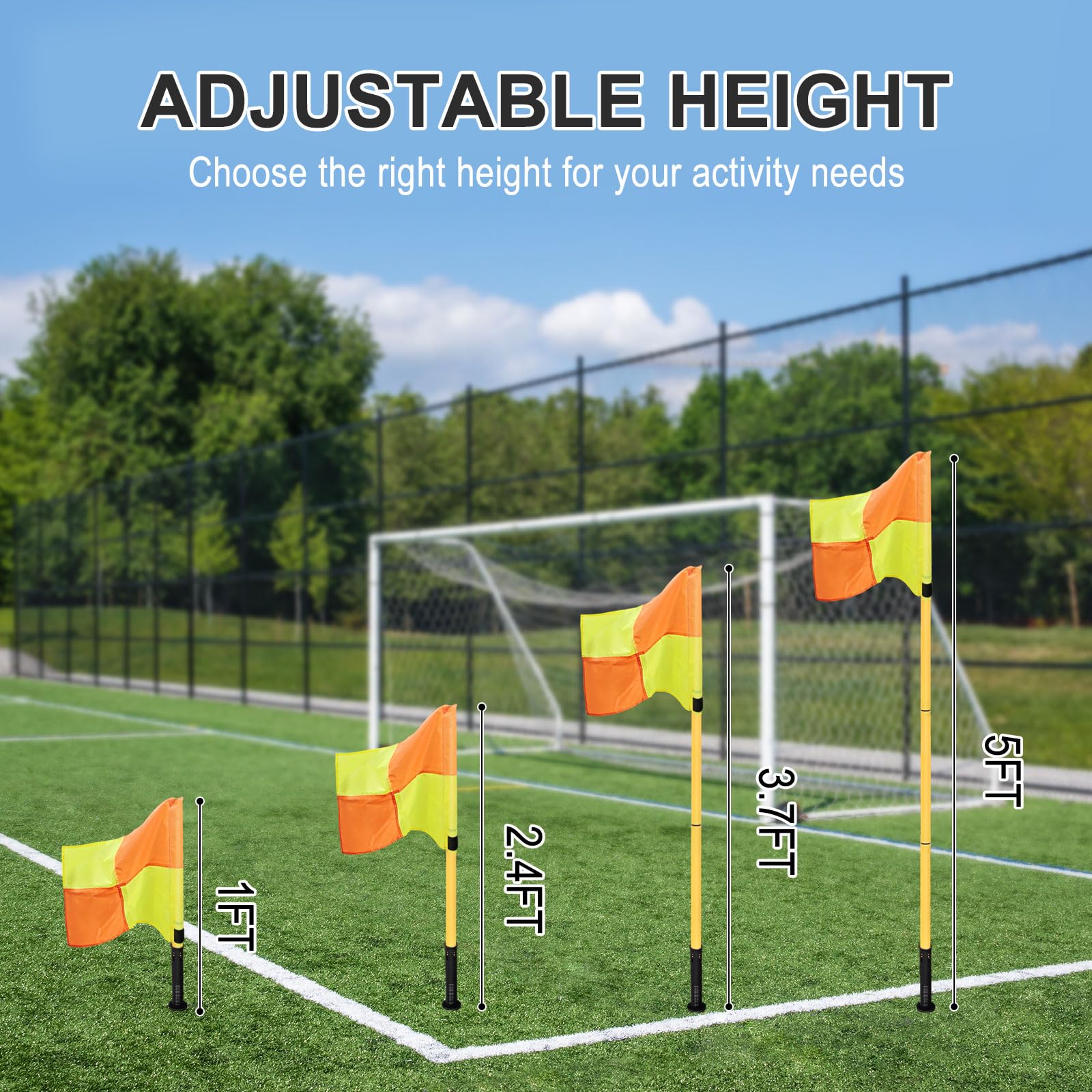 Juego de 4 banderas de esquina de fútbol, postes de entrenamiento de 5 pies para campo de fútbol, postes de bandera de esquina portátiles para entrenamiento de velocidad y agilidad, equipo de campo y