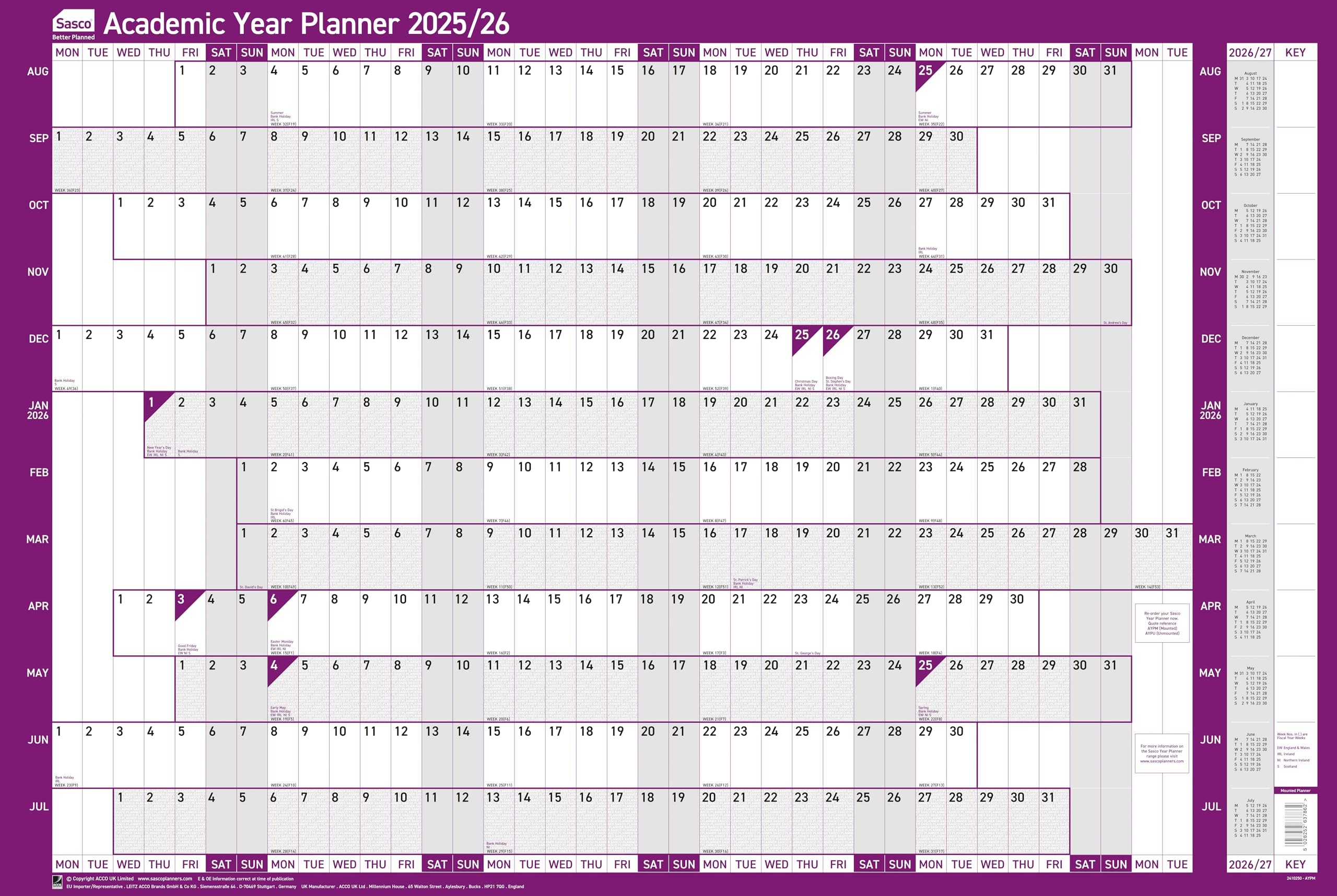 Sasco Mounted Academic Year Wall Planner 2025/26 Board (915 x 610mm) 2410250