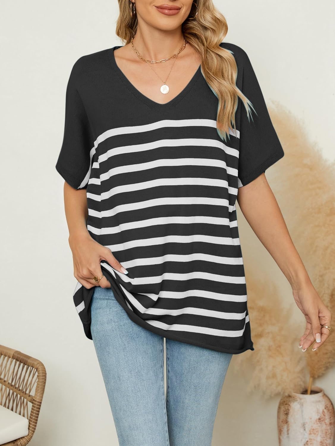 iChunhua Oversized T Shirts for Women Striped V-Neck Short Sleeve Casual Tee Summer Knit Sweater Tops - Image 6