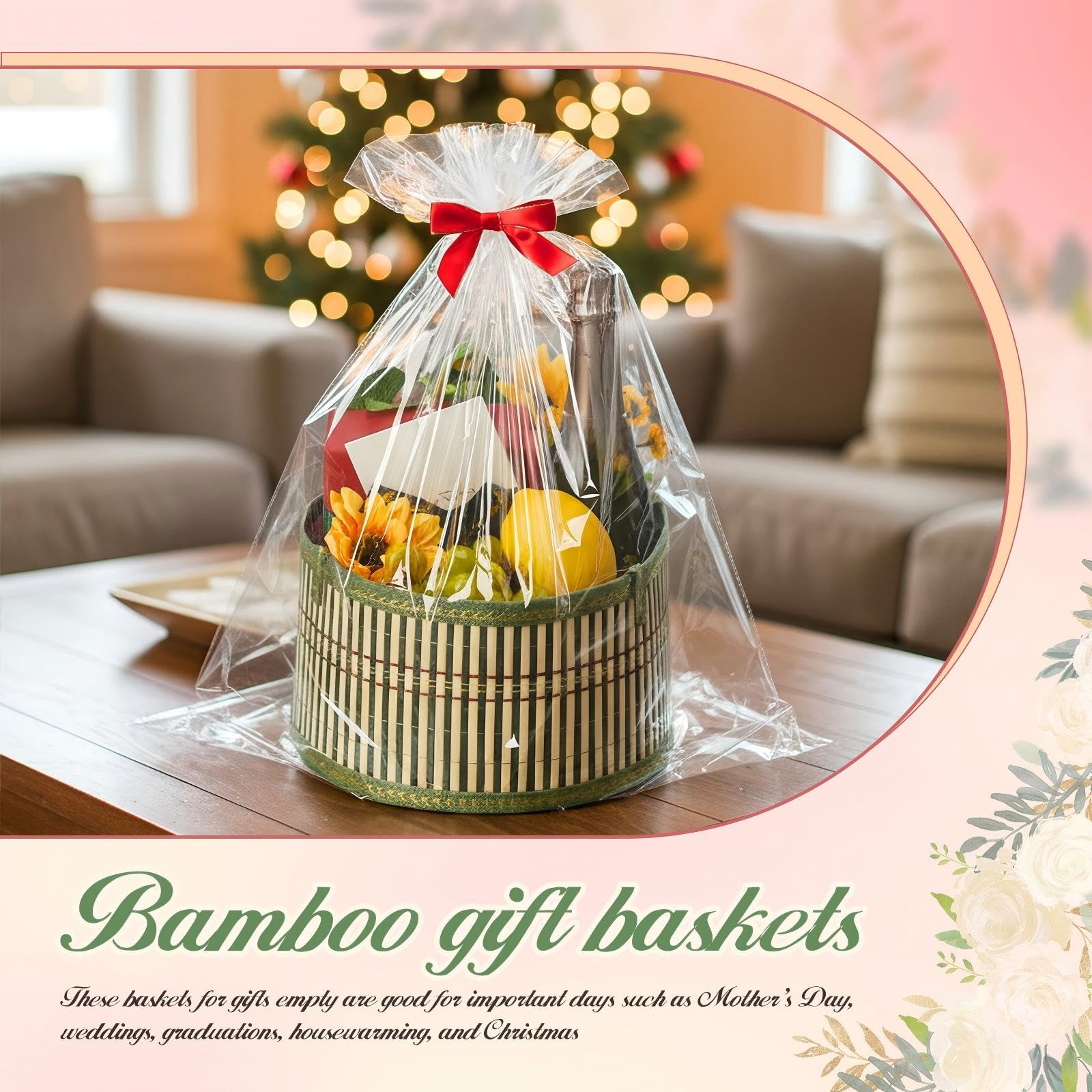 Weysat 6er-Set Körbe für Geschenke, leer, Valentinstag, DIY, Großpackung aus gewebtem Bambus, Geschenkkorb-Set mit Griff, Wickeltasche, rote Schleife zum Befüllen für Hochzeit, Geburtstag, Party