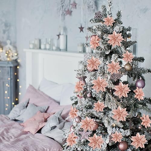 Miniatura 4 de Chunyin 24 Piezas Flores de Pascua Artificiales de Navidad, 6" 4" 3" Adornos de Flores de Pascua con Purpurina con Clip para Decoraciones de Árbol