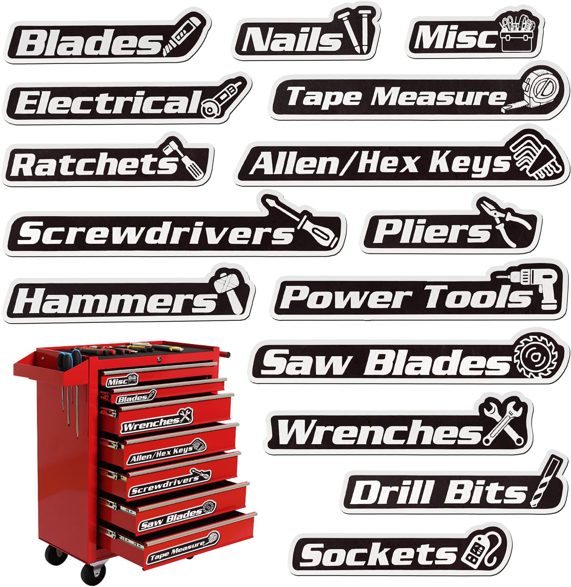 Magnetic Tool Box Labels - 15-Pack, Reusable Magnetic Toolbox Labels Suitable for Garage Organization, Tool Cabinets, and Mechanic Carts