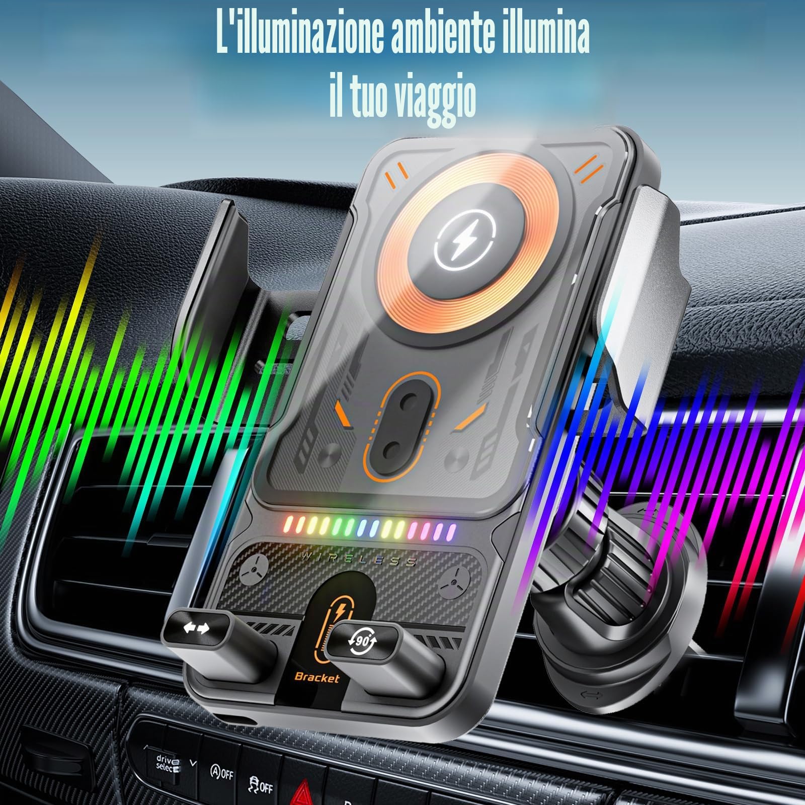 OBEST Supporto per telefono da 15 W, con funzione di ricarica, magnetico senza fili, con clip di ventilazione, girevole telescopico motorizzato con rilevamento automatico per iPhone e Android