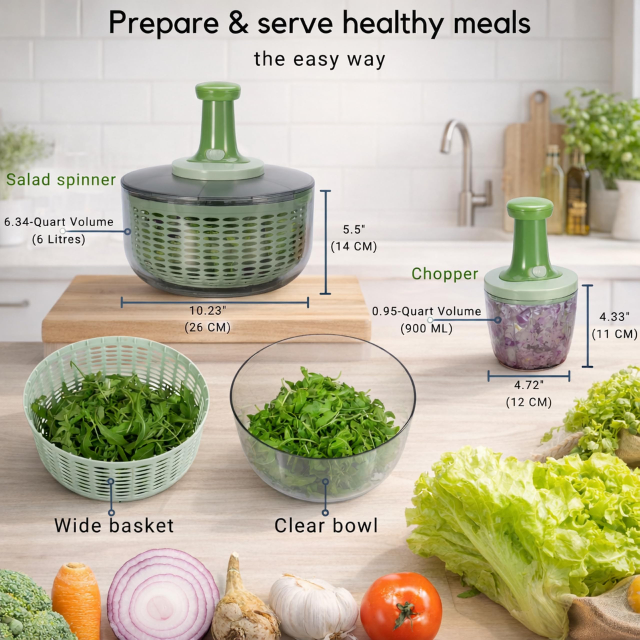 Brieftons Centrifugador y picador de ensalada: secadora grande de verduras de lechuga de 6 litros, con mezclador picador de verduras de 0,9 litros, almacenamiento compacto, fácil operación de empuje