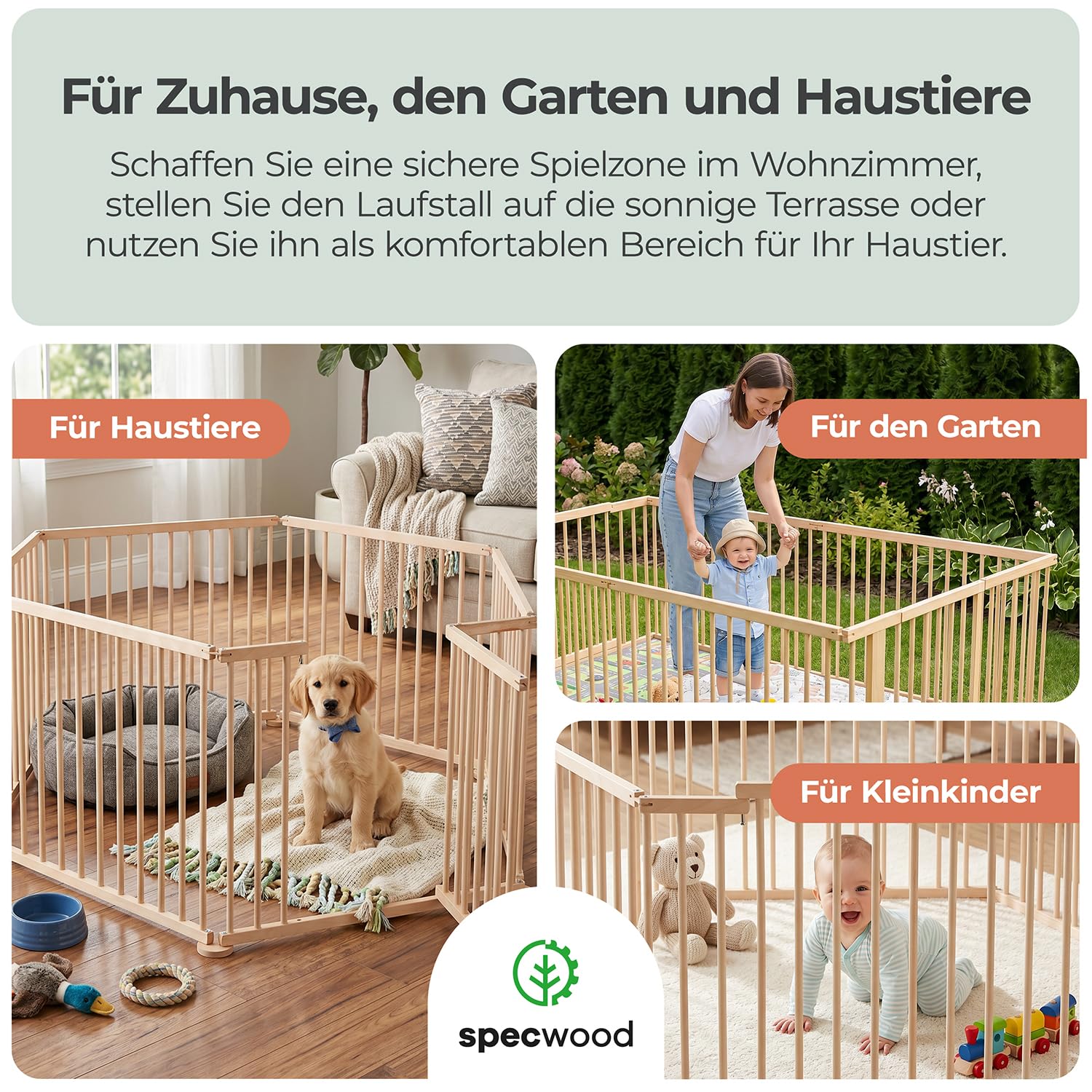 Laufstall Baby XXL Klappbar mit Tür, Laufgitter Baby inkl. 6 Elementen je 100 x 72 cm, Babygitter Holz Faltbar, Kinderlaufstall & Absperrgitter Für Innen- und Außenbereich