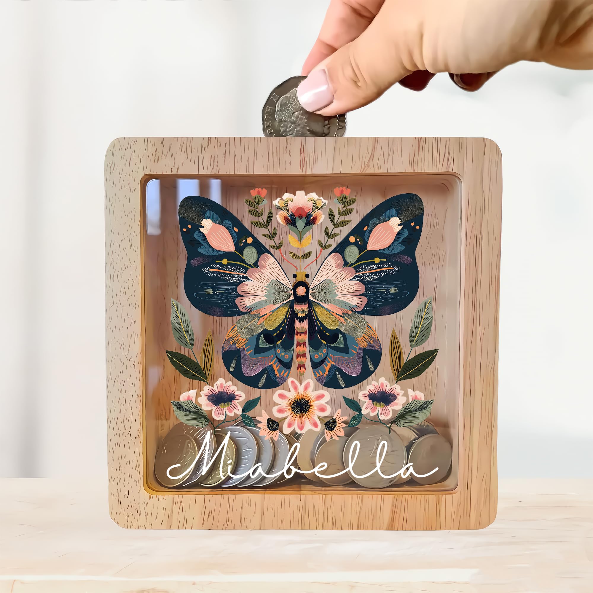 Personalized Piggy Bank, 6.7"x6.7" Wooden Money Banks for Kids, Custom Gifts for Boys and Girls, Personalized Piggy Bank for Girls