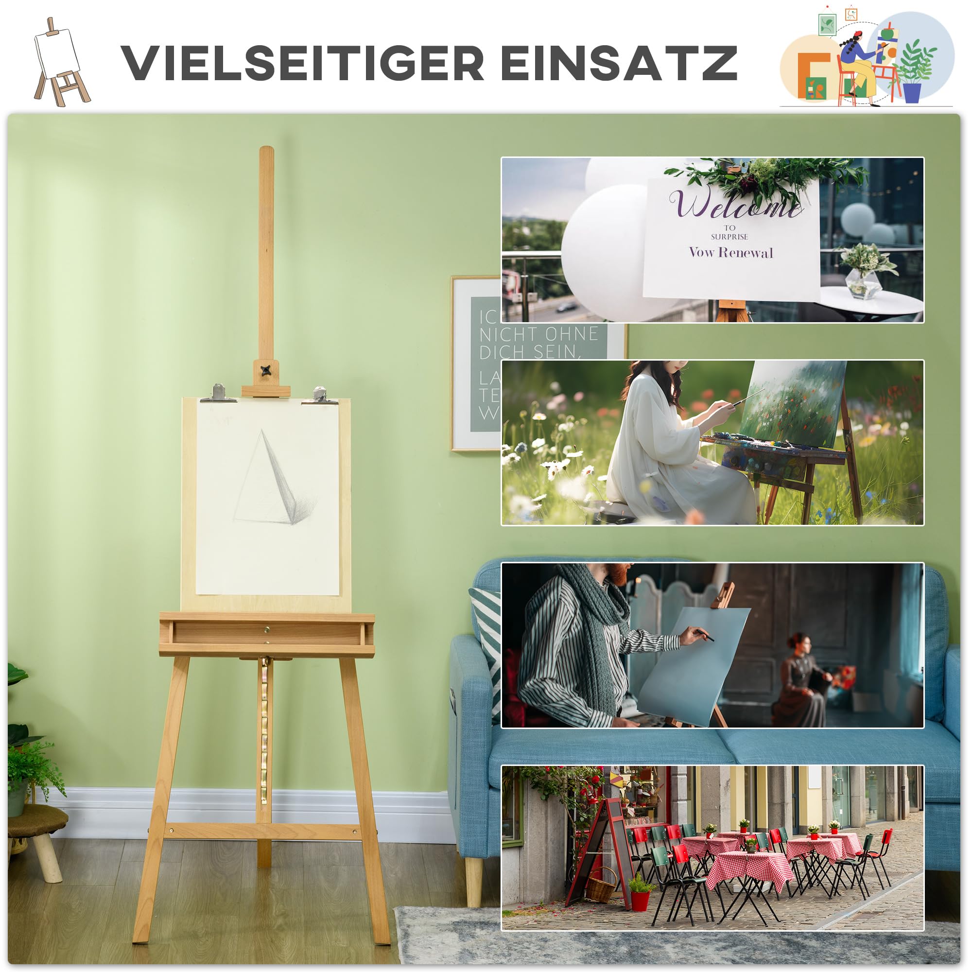 Vinsetto Staffelei Standstaffelei Klappbar Höhenverstellbar bis 120 cm | Atelierstaffelei, Leinwand Ständer mit Halterung für Leinwände, Kunstmalerei, Holz