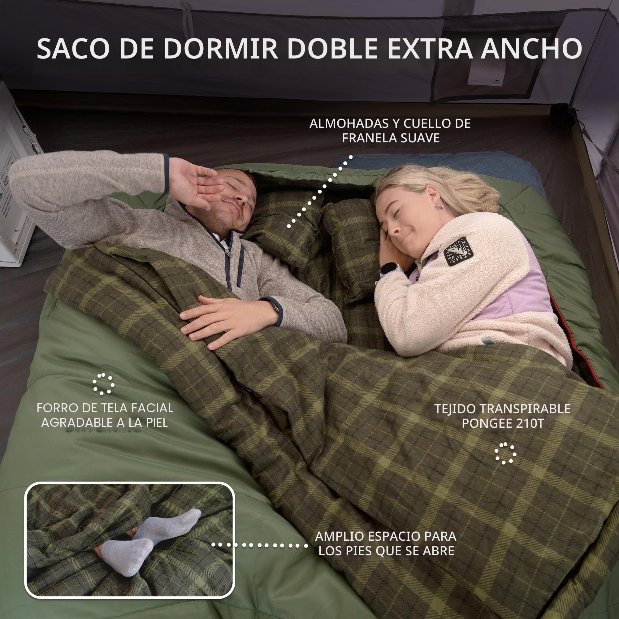 Naturehike Saco de dormir doble con almohada, franela, 0 grados, apto para adultos y familias, 2 personas, apto para todas las estaciones, camping, senderismo
