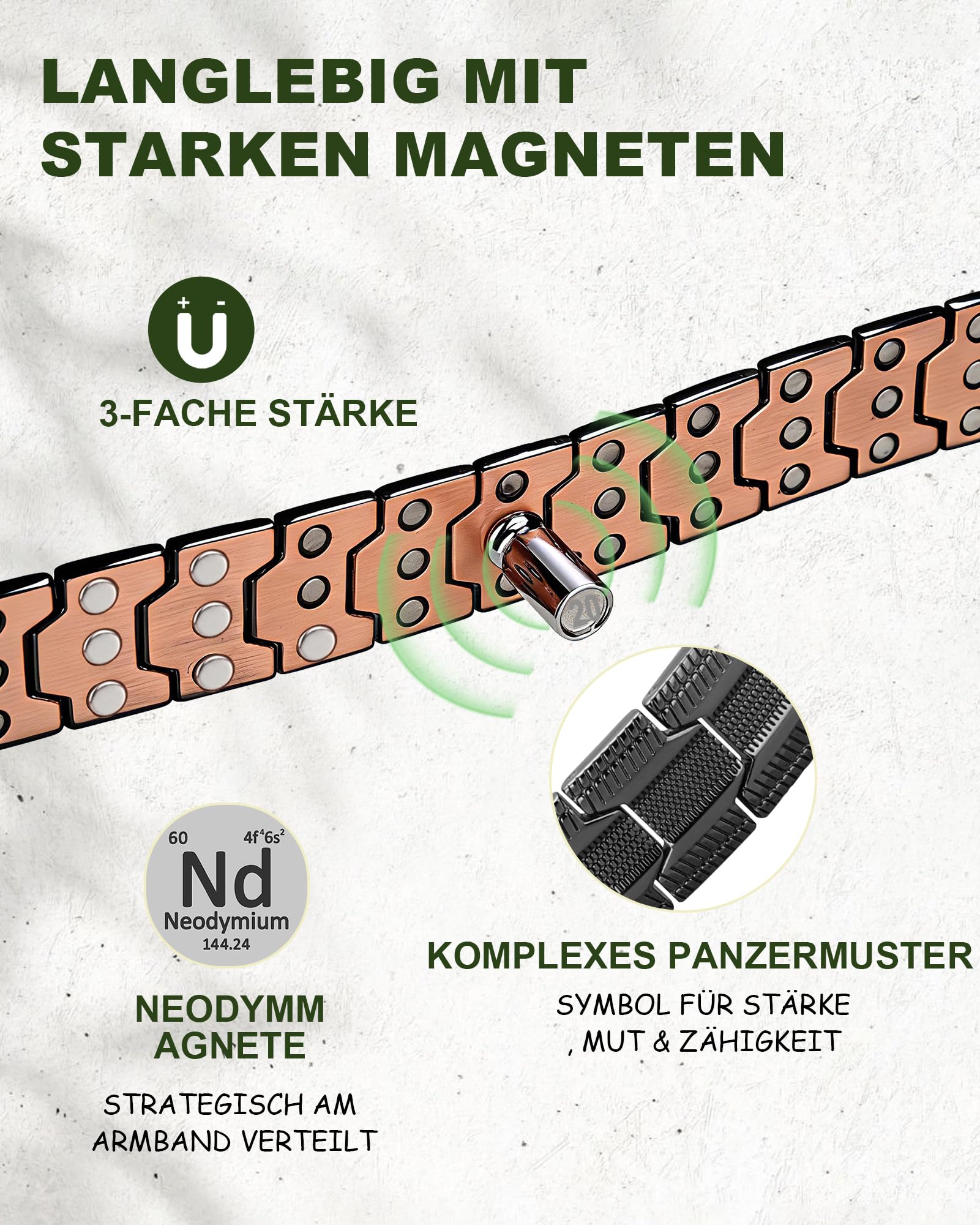 MagEnergy Herren Kupferarmband 3800 Gauss, massives Reinkupfer Armband mit Schmetterlingsverschluss, verstellbar mit Größenwerkzeug