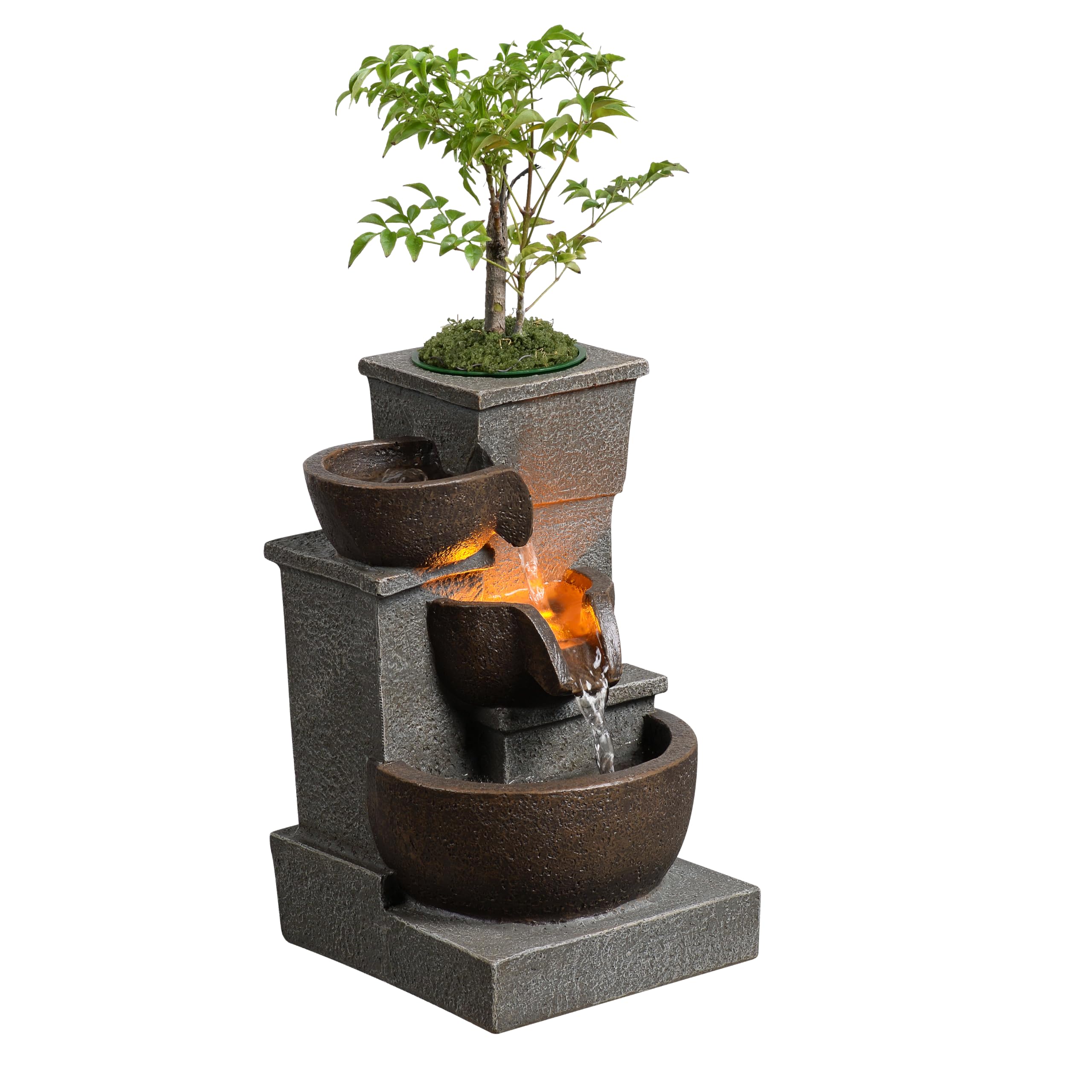 Fontana a Cascata da Tavolo, Fontana Zen per Interni con Tre Bacini, Cascata con Luci LED, Pietre Naturali, Perfetta per Casa, Ufficio, Yoga, Pompa Inclusa (22025N)