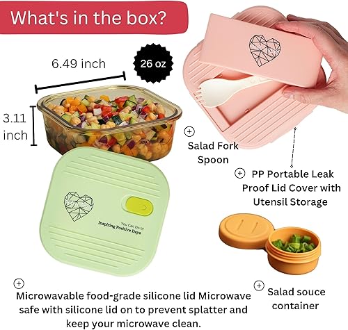 Miniatura 2 de Ai Love Peace Recipiente de sopa con tapas dobles, lonchera de vidrio borosilicato de 26 onzas  Tapa a prueba de fugas + tapa de congelador segura