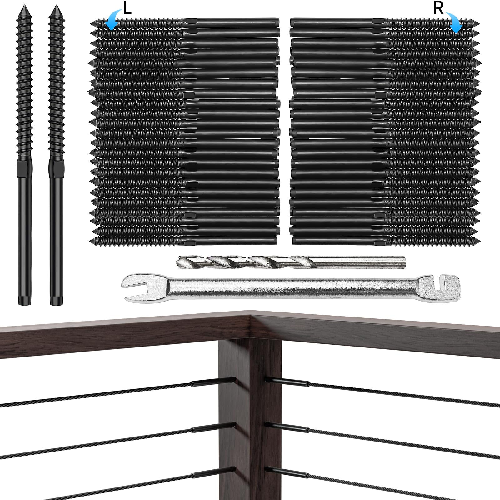 Swage Lag Screws for Cable Railing - 100 Pack Black T316 Stainless Steel Left and Right Handed Thread - 1/8" Cable Railing Hardware Kit for Deck Stair