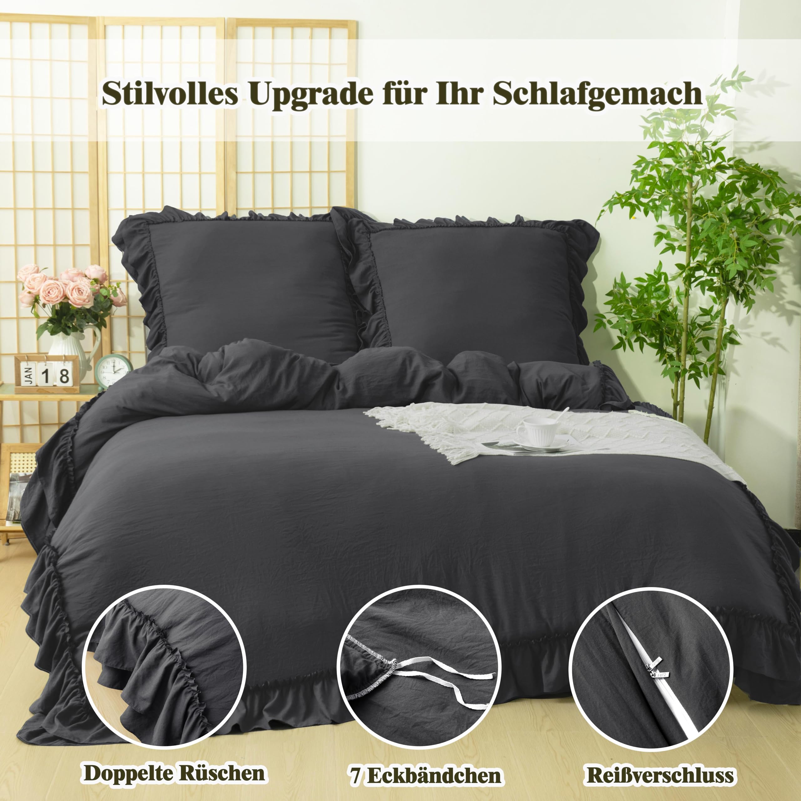 HIG Rüschen Bettwäsche Set 135x200cm 4teilig Dunkelgrau, Superweiche Mikrofaser Oeko-TEX Zertifiziert, 2 Bettbezug 135x200 mit Zwei-Wege-Reißverschluss, 2 Kissenbezug 80x80cm, Vintage Romantisch Look