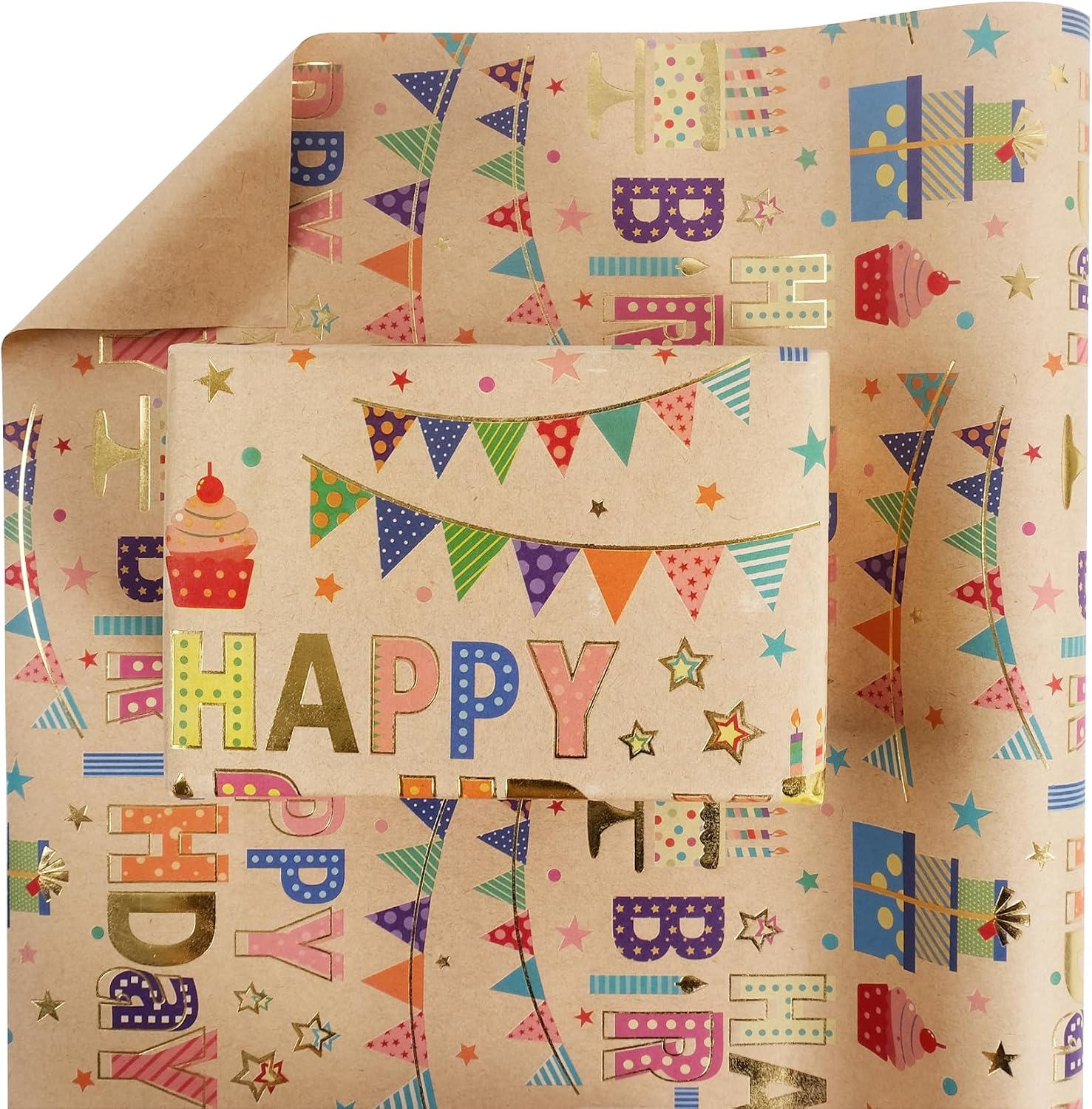 Aimyoo Colorful Birthday Wrapping Paper Roll - 17 Inch x 16.4 Feet - Gold Foil Happy Birthday Lettering, Cupcake & Flags Design Gift Wrap for Kids, Baby Showers image 2