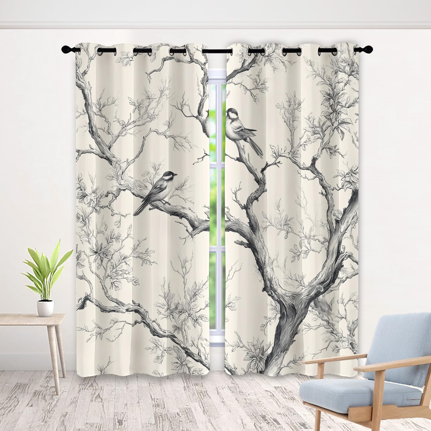 Nature Sketch Curtains 72 Inch 2 Panels, Tree Bird 3D Pattern Drapes with Eyelet Thermal Insulated Curtain, Minimalism Blackout Curtains for Bedroom Living Room, 46" x 72"