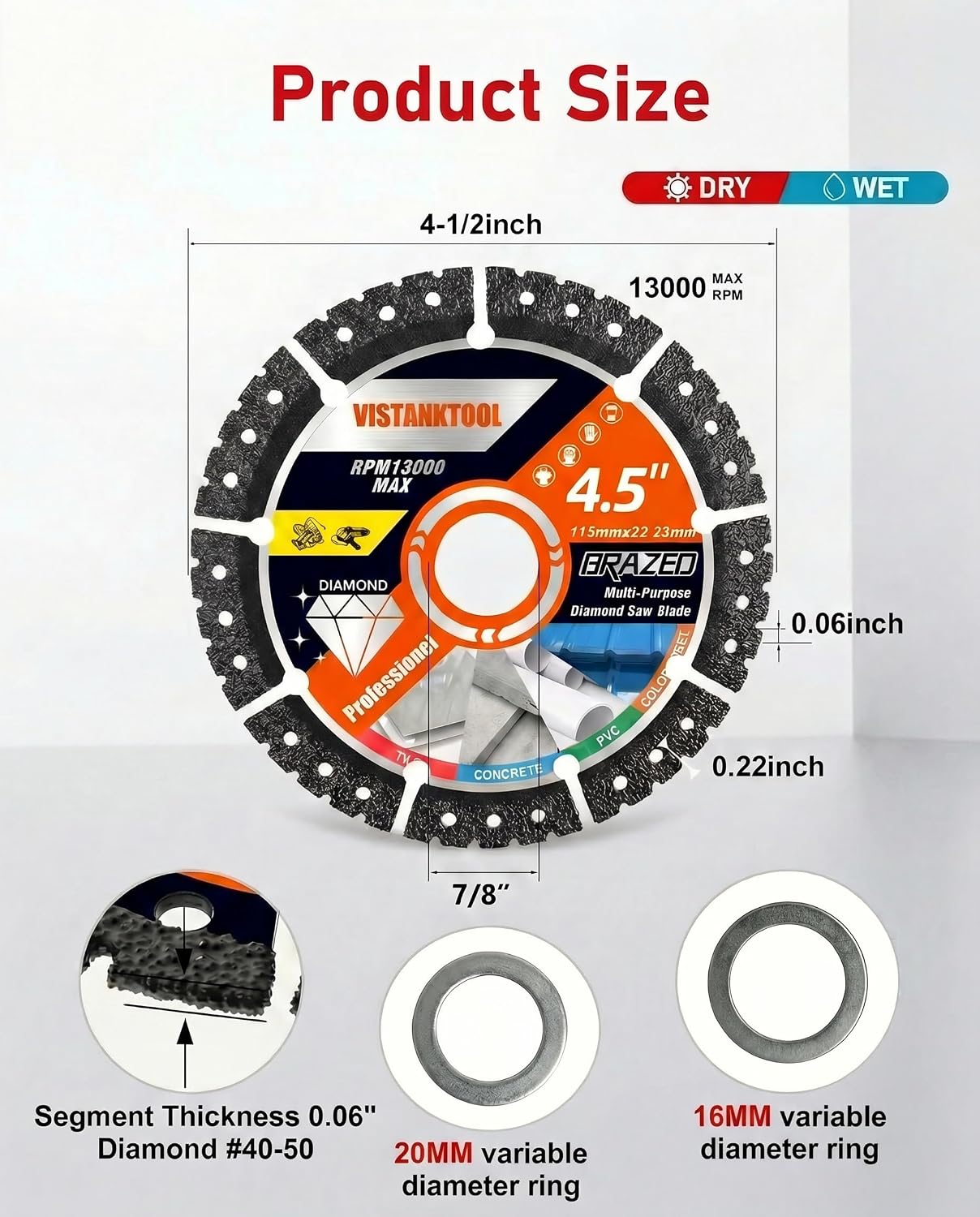 Multi-Purpose Diamond Blade for Angle Grinder 4.5 Inch 2-Pack, Indestructible Cut Off Wheel for Marble Quartz Stone Tile Metal Plastic, Brazed Diamond Saw Blades Manganese Steel 7/8 Arbor
