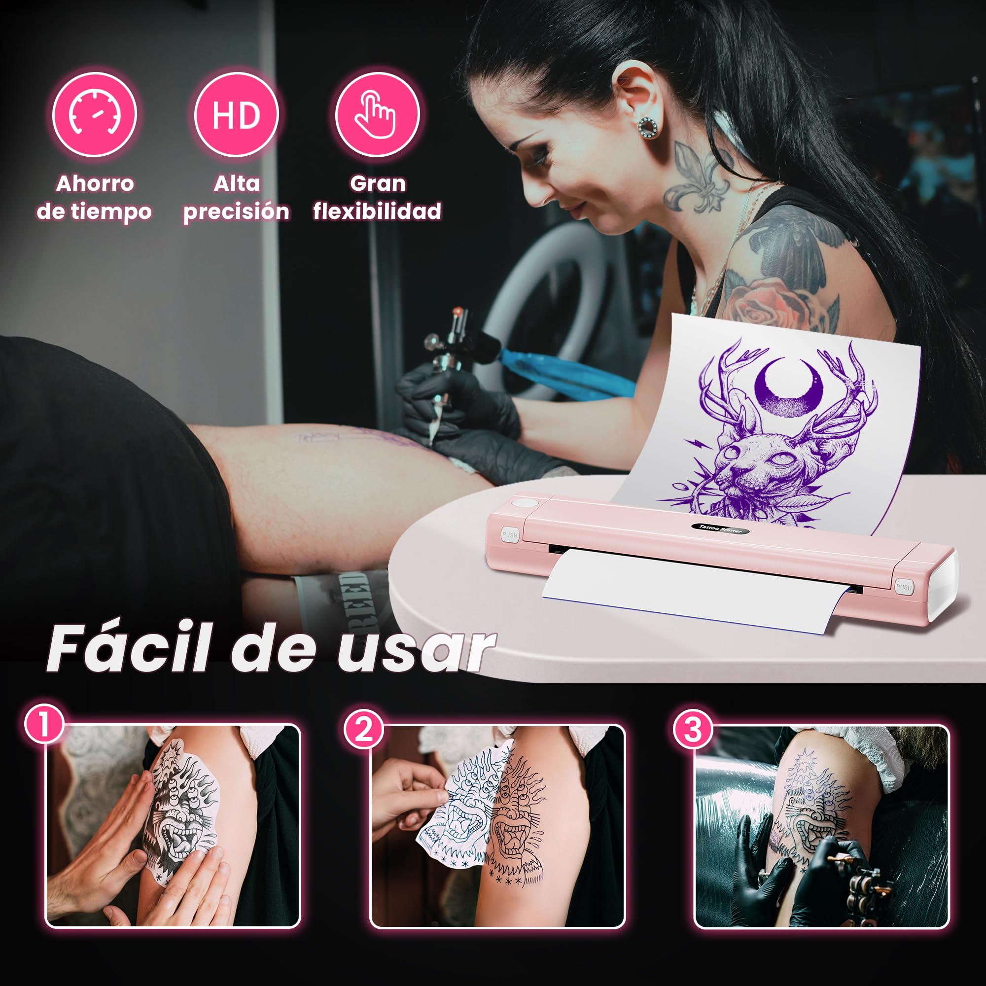 TATTMUSE Impresora de Tatuaje, Termocopiadora Tattoo con 10pcs de Tattoo Transfer Papel, Impresora Termica Tattoo para Principiantes y Artistas del Tatuaje, Rosado
