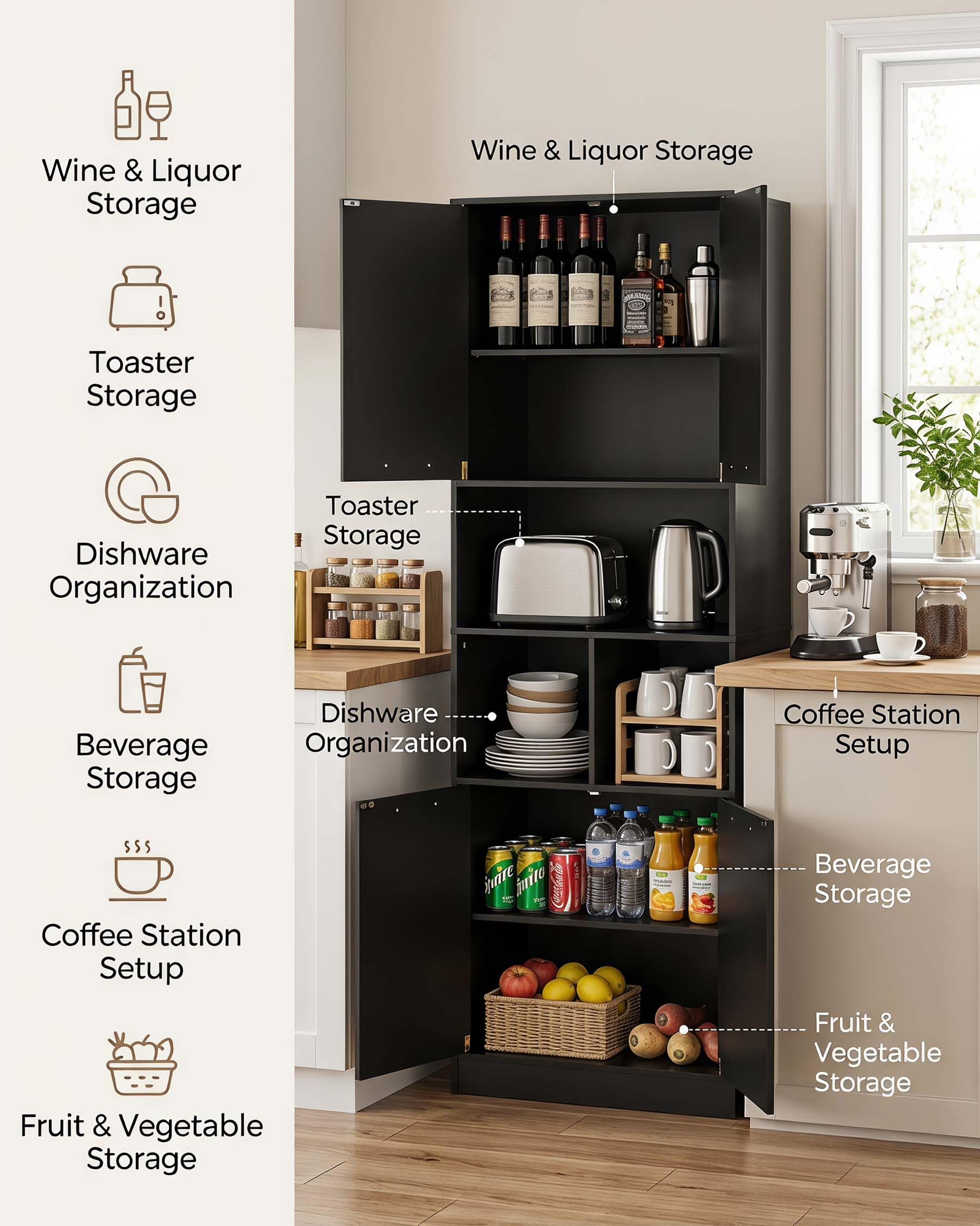 Meuble de Cuisine Colonne 180,5x60x40 cm, Armoire de Rangement Moderne avec Tablettes Ajustables, Meuble Multiuso 4 Portes pour Cuisine et Bureau (Noir)
