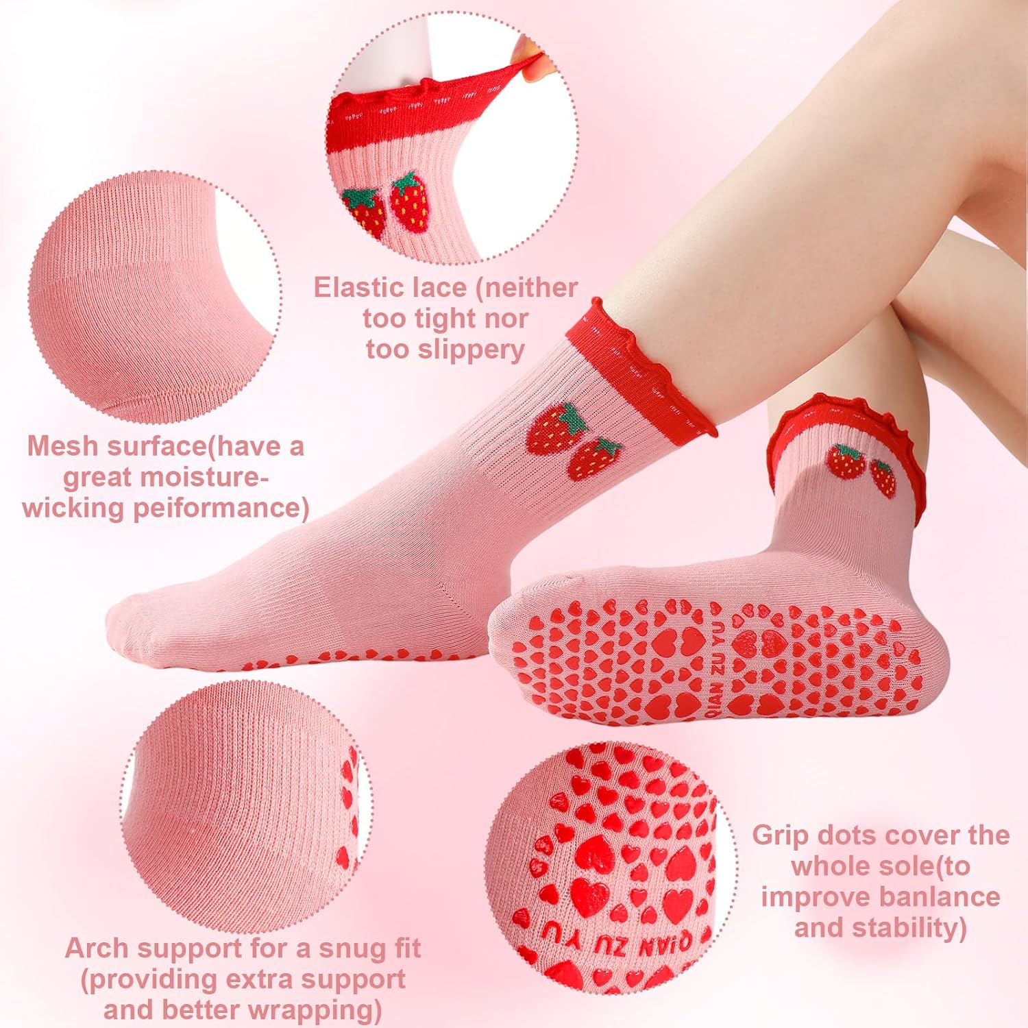 Pilates Grip Socks for Women, 2/4 Pairs Ruffle Yoga Sock Cotton Grippy Athletic Crew Socks Gift for Barre Workout - Image 3