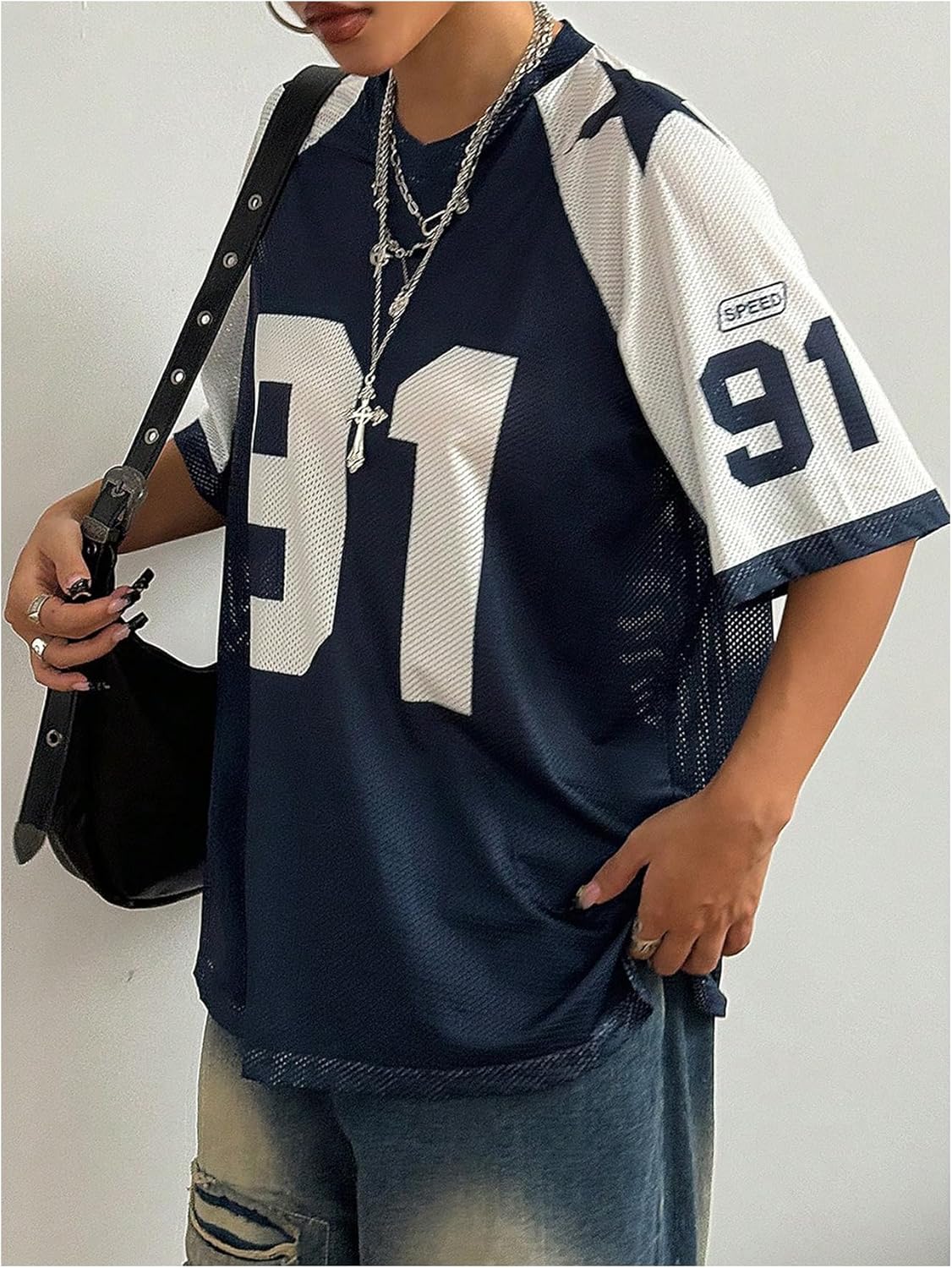 SHENHE Women's Oversized Graphic Football Jersey Shirt Mesh Short Sleeve Tee Top Streetwear - Image 5