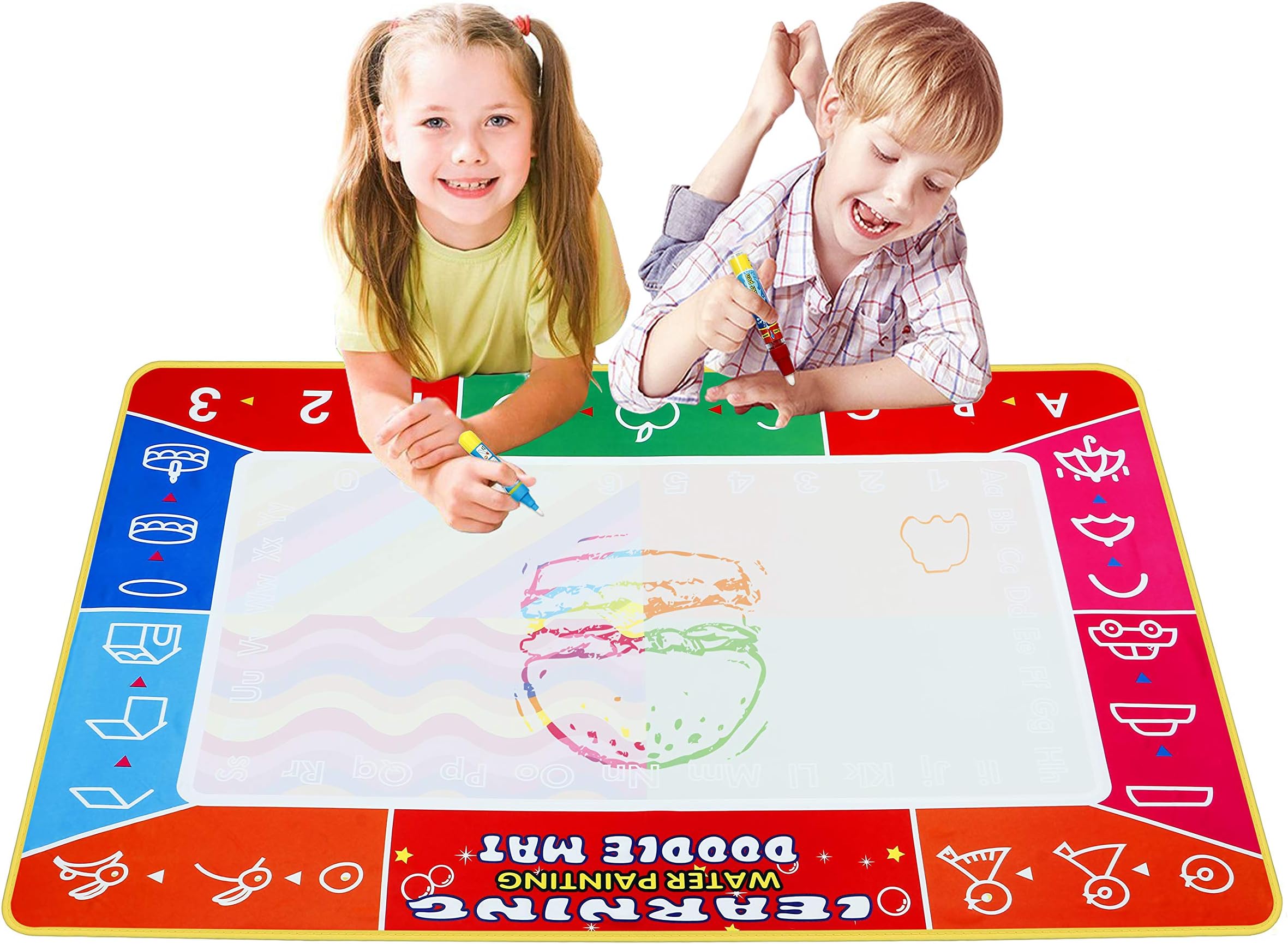 Mieeter Water Drawing Pad Doodle Mat Travel Educational Toy Extra Large Coloring Art Set for Kids No Mess Reusable Ultra-Clean Washable Activity Gifts, 3 Magic Pens