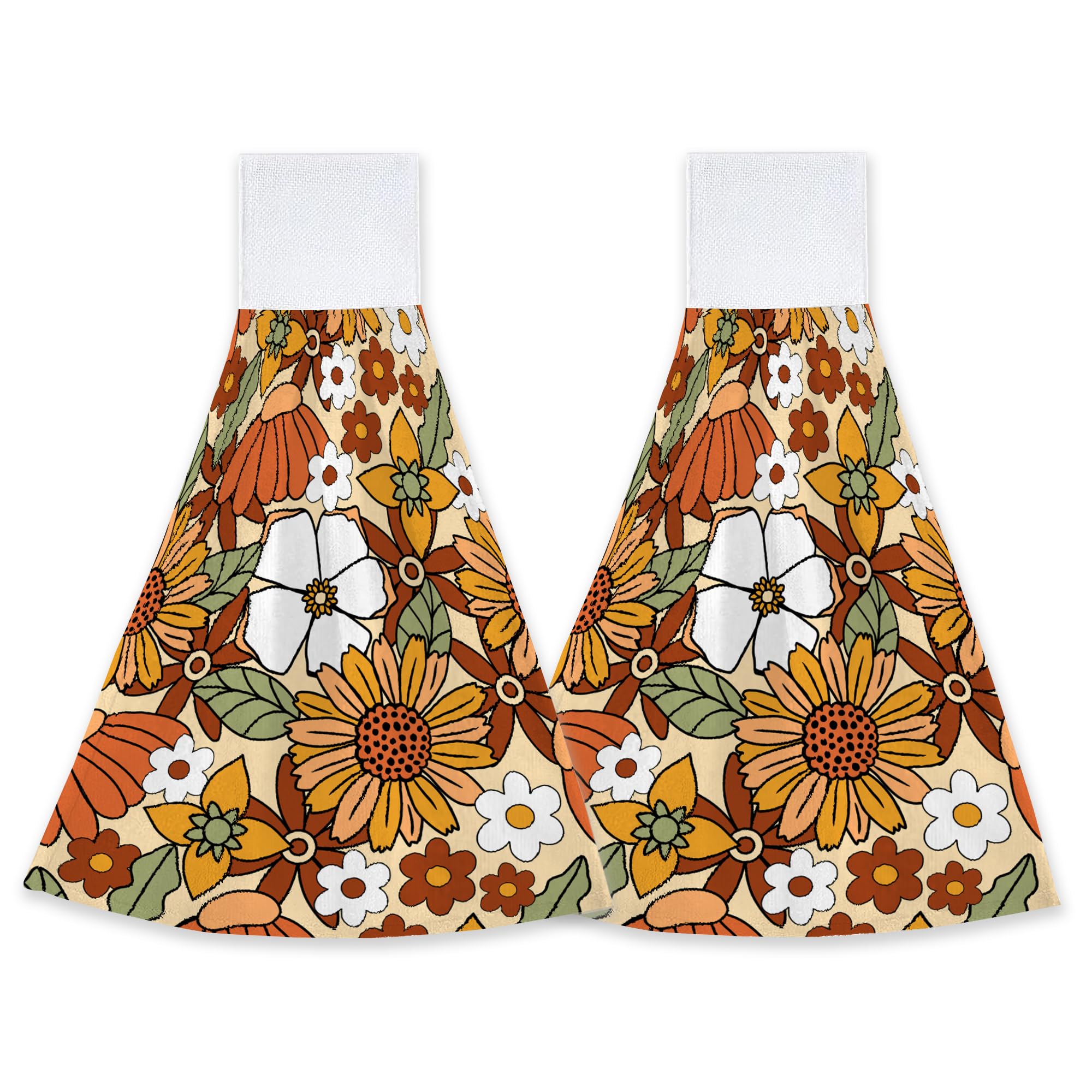 CIAIDU 70s Vintage Hippies Flowers Kitchen Hand Towels 2 Pieces Chrysanthemum Hand Towel Loop Dish Cloth Tie Towels Tea Bar Towels for Bathroom