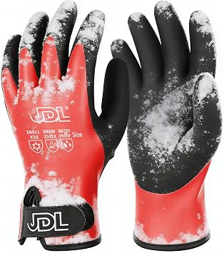 JDL 100% Waterproof Winter Work Gloves for Men & Women, Thermal Insulated Freezer Gloves for Cold Weather, Super Grip Palm, Red, Large
