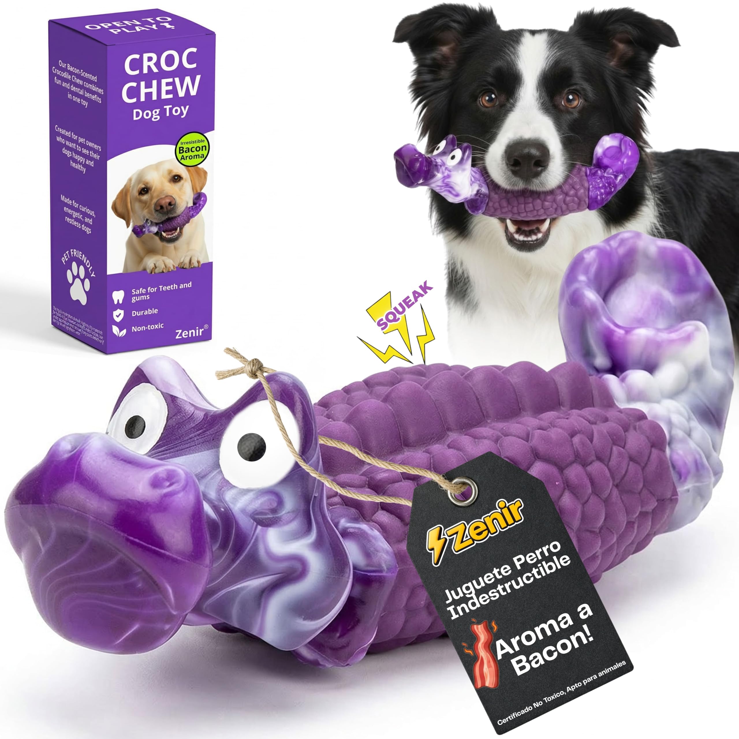 Juguete Perro Indestructible Cocodrilo con Aroma a Bacon | Juguetes para Perros Masticadores Agresivos Antiestres y Ansiedad | Mordedor Perro Resistente. Juguetes Perros Grandes y Medianos