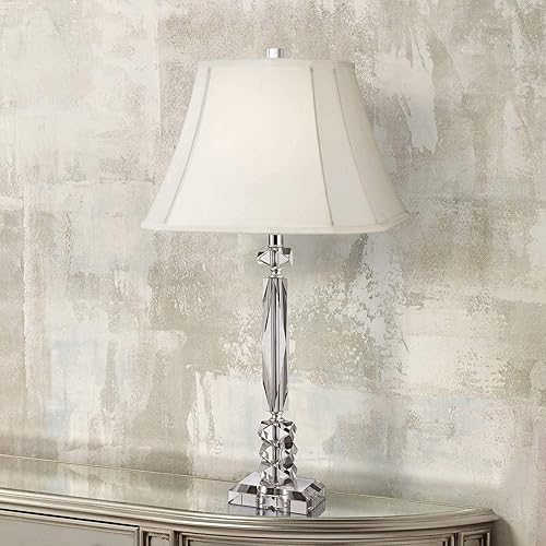 Miniatura 2 de Vienna Full Spectrum Mitzie - Lámpara de mesa tradicional de 25.5 pulgadas de alto, columna de corte de cristal transparente, tela blanca de