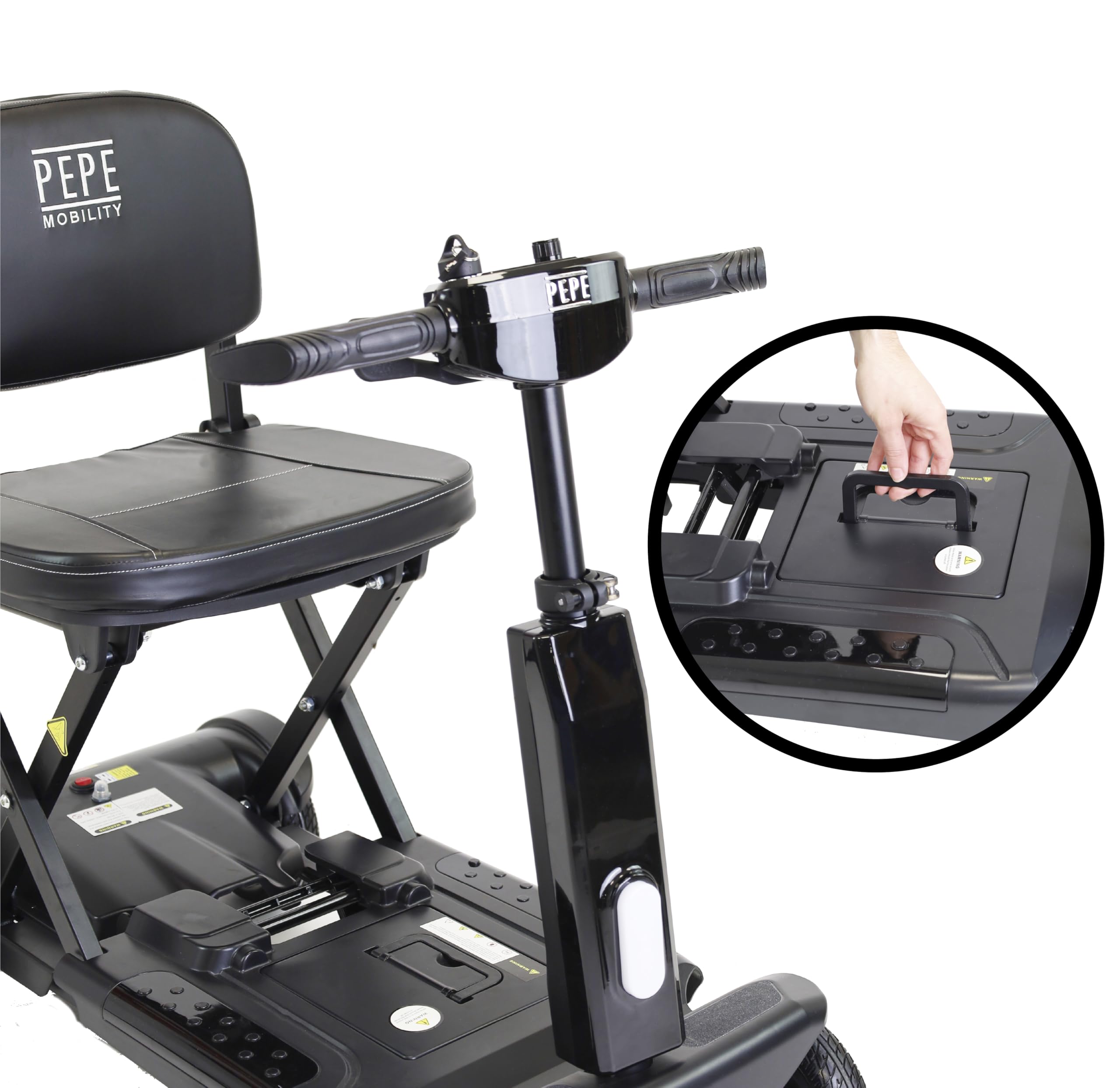 PEPE Mobility Scooter Eléctrico Plegable, Batería 10Ah, 4 Ruedas, Negro | Autonomía de 10 a 15 km, Litio Extraíble de 24V con 2 Llaves, Manillar Regulable, Asiento Acolchado, Luz LED y Claxon