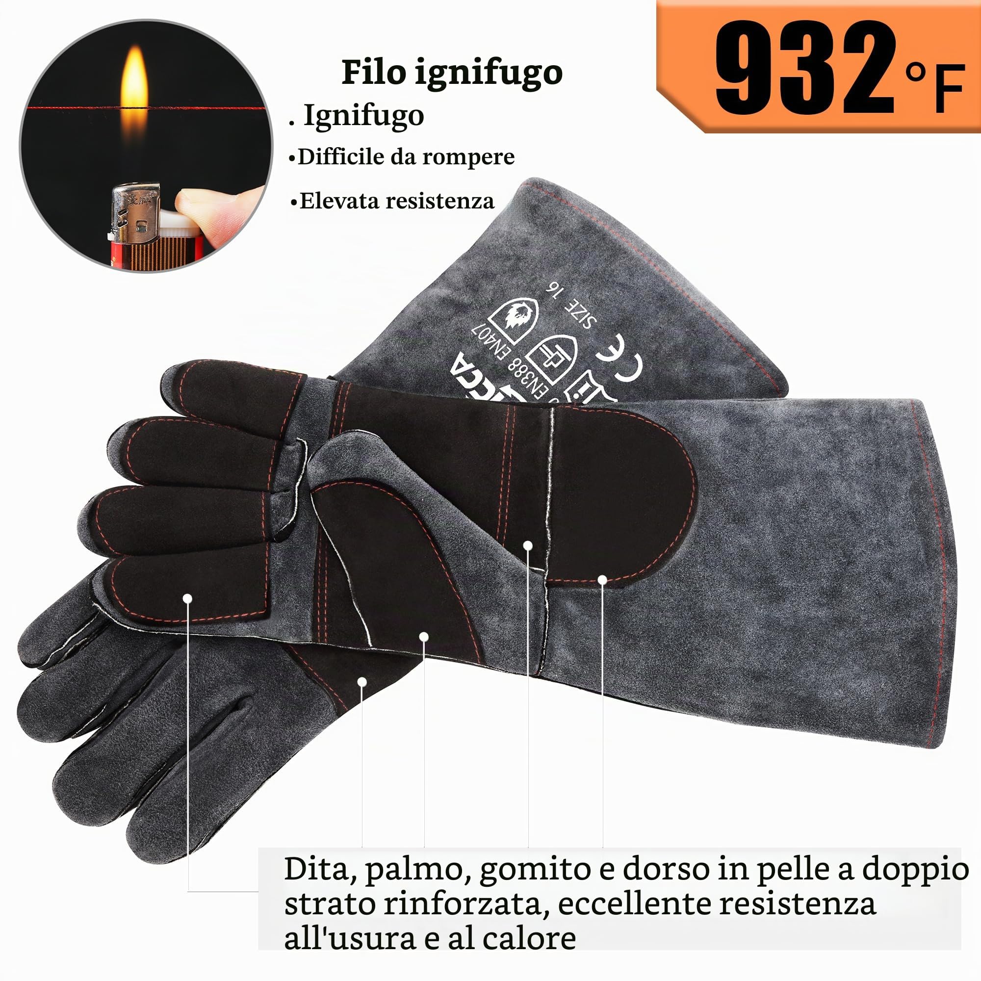 RAPICCA Guanti da Forno per Barbecue, Resistenti al Falore, per Fumatori, Guanti per Barbecue da Cucina, Grill, Rivestimento in Neoprene Impermeabile, Ignifugo, Resistente All'olio Grigio-Nero 40.6cm