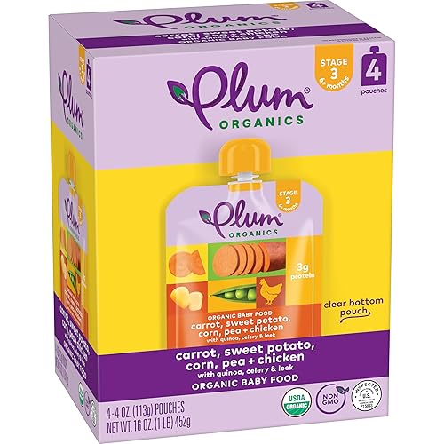 Vista 18 de Plum Organics Etapa 3 Alimento para bebés, zanahoria, espinacas, pavo, maíz, manzana y avena, 4 onzas (paquete de 12)