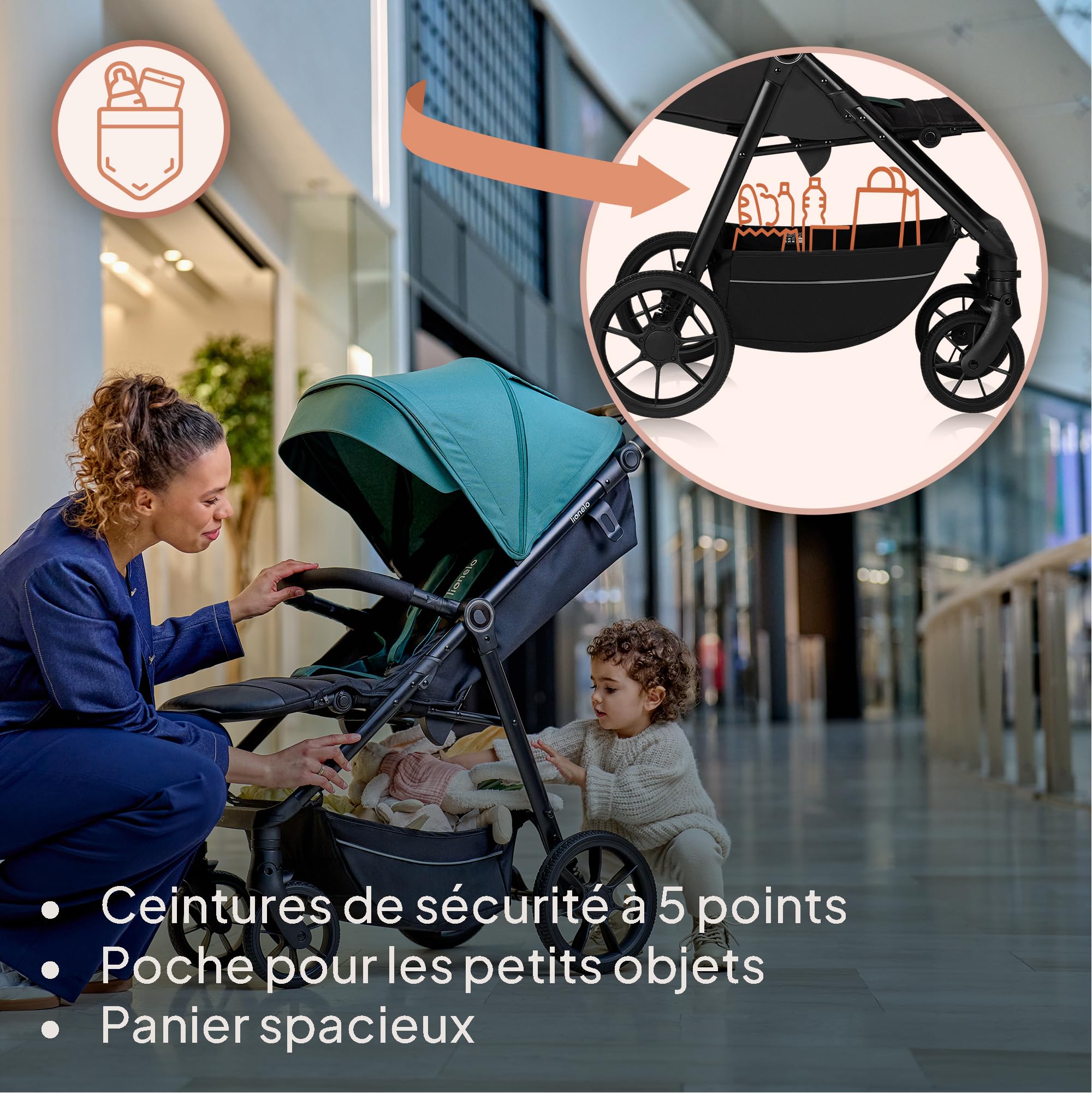 LIONELO MIRA Poussette Canne 22 kg 6 mois-4 ans Roues Pivotantes 360° Amortissement Total Chocs Dossier Repose-pieds Réglables Auvent XXL UPF50+ Panier 3 kg Rose