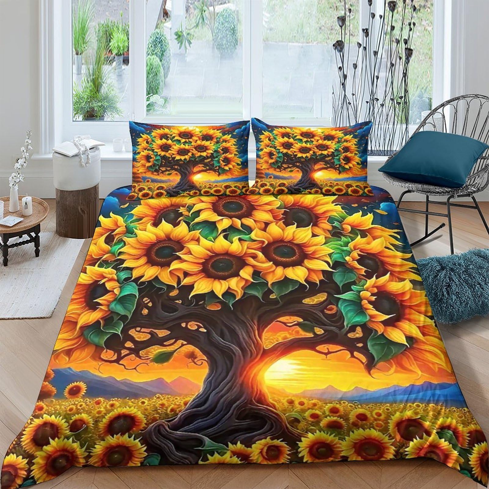 Housse de couette tournesol 200x200 parure lit 3 pièces microfibre