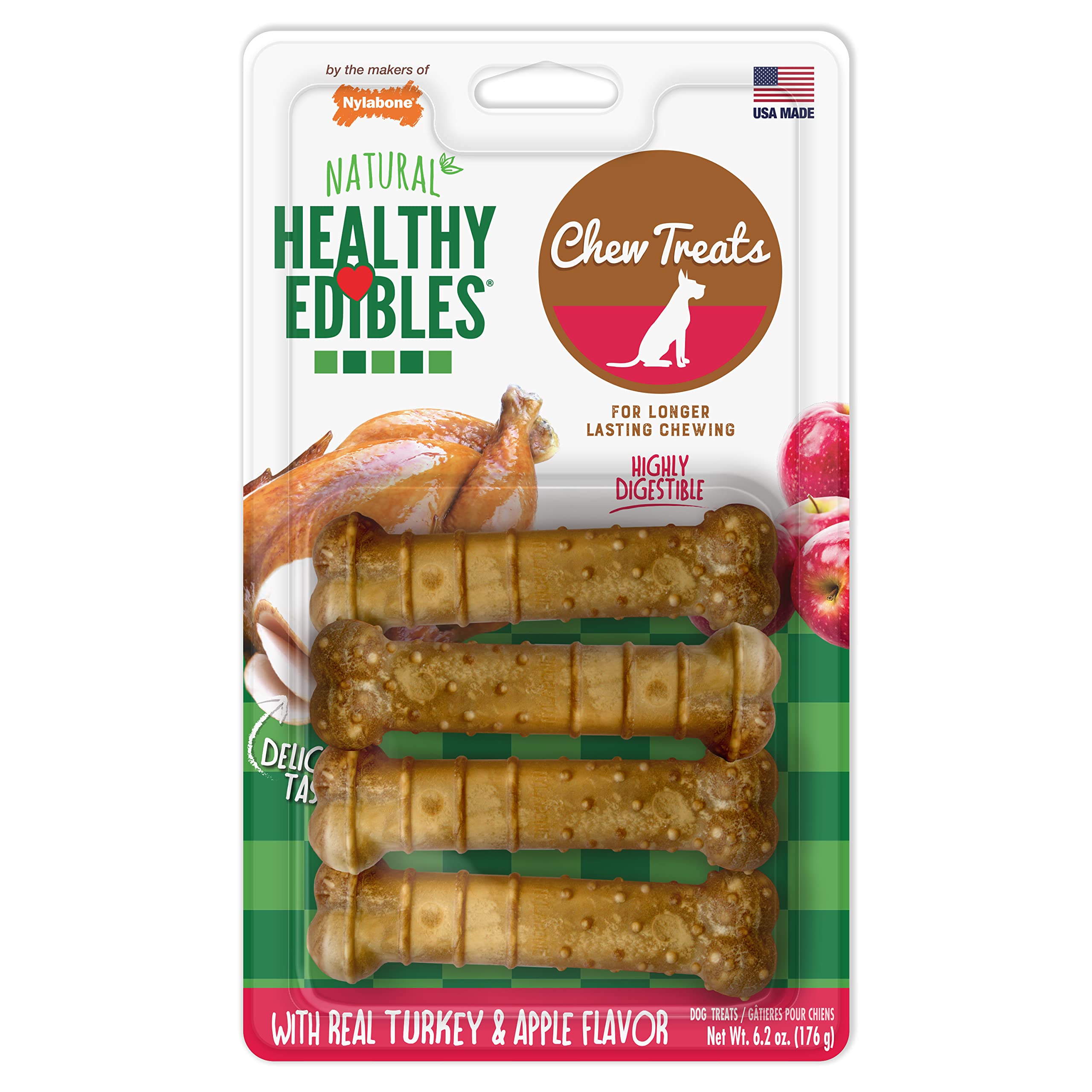 NylaboneHealthy Edibles Natural Dog Chews Long Lasting Turkey & Apple Flavor Treats for Dogs, Small/Regular (4 Count)