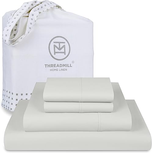 Threadmill Home Linen Bedding - Juego de sábanas de 300 hilos, 100 % algodón, juego de cama de lujo, 4 piezas, tejido de satén suave, color blanco,