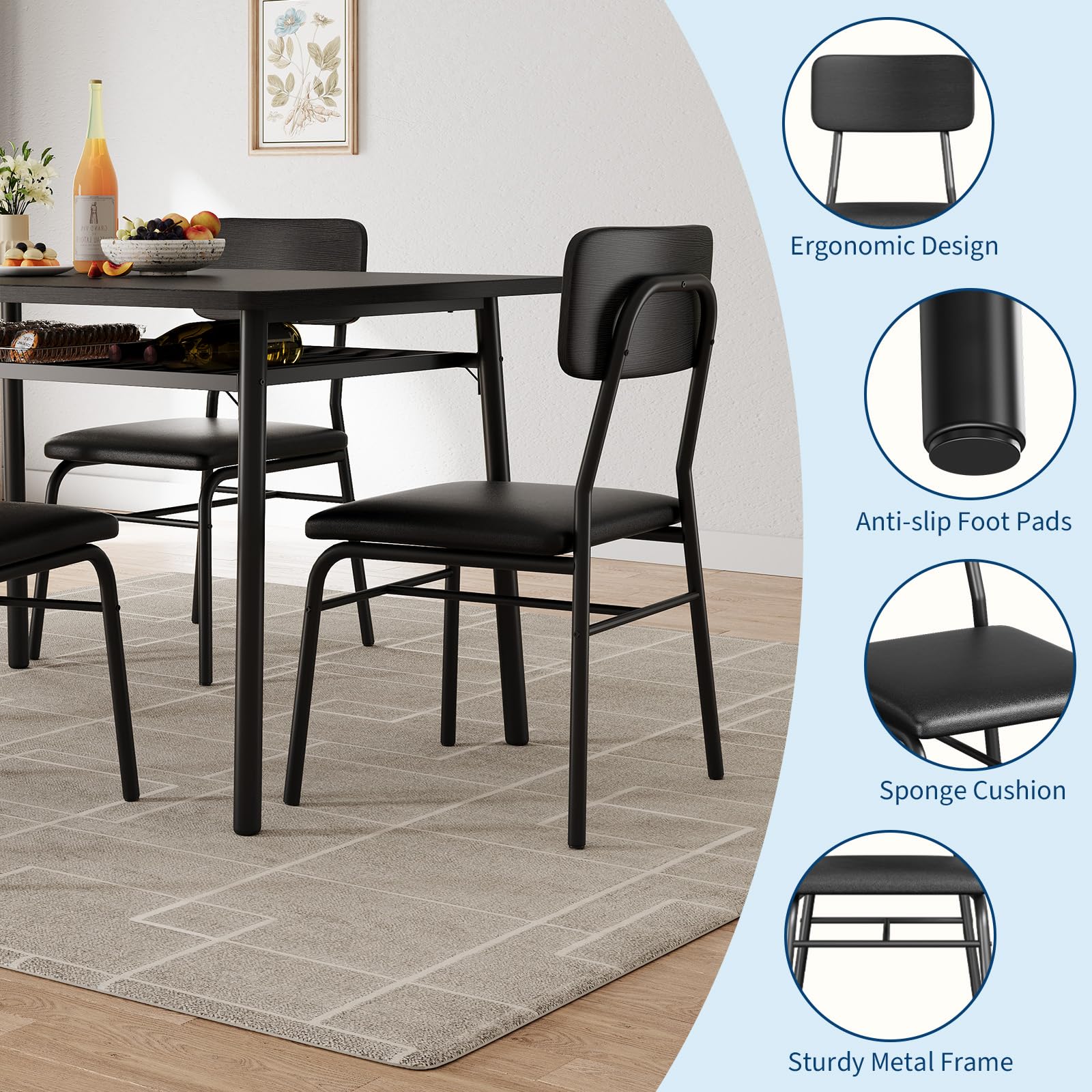 Ensemble Table à Manger avec 2 Chaises, Table de Cuisine, Chaise Rembourré Cuir, Noir