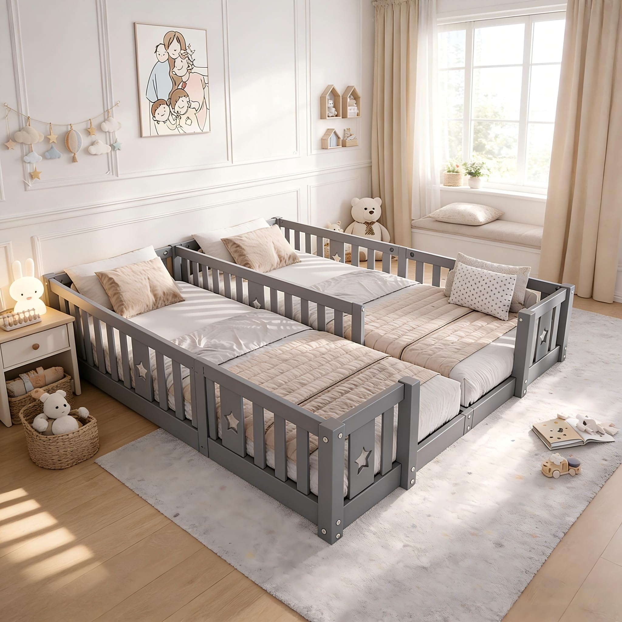 Letto Montessori Doppio 2x90x200 in Legno Massello, Letto Bambini con Sponde di Sicurezza, Letto a Terra per Cameretta, Letto Bambini Montessori, senza Rete a Doghe, Grigio