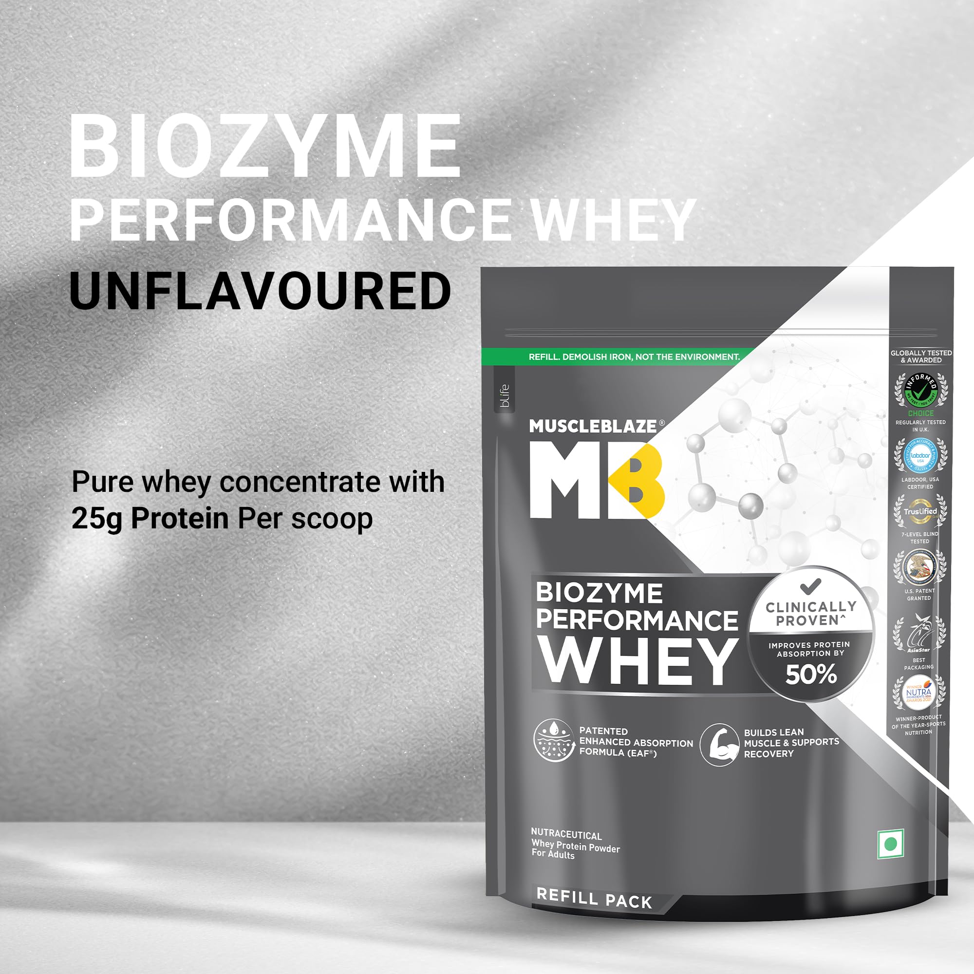 MuscleBlaze Biozyme Performance Whey Protein, 1kg Refill Pack — Amazon image 3