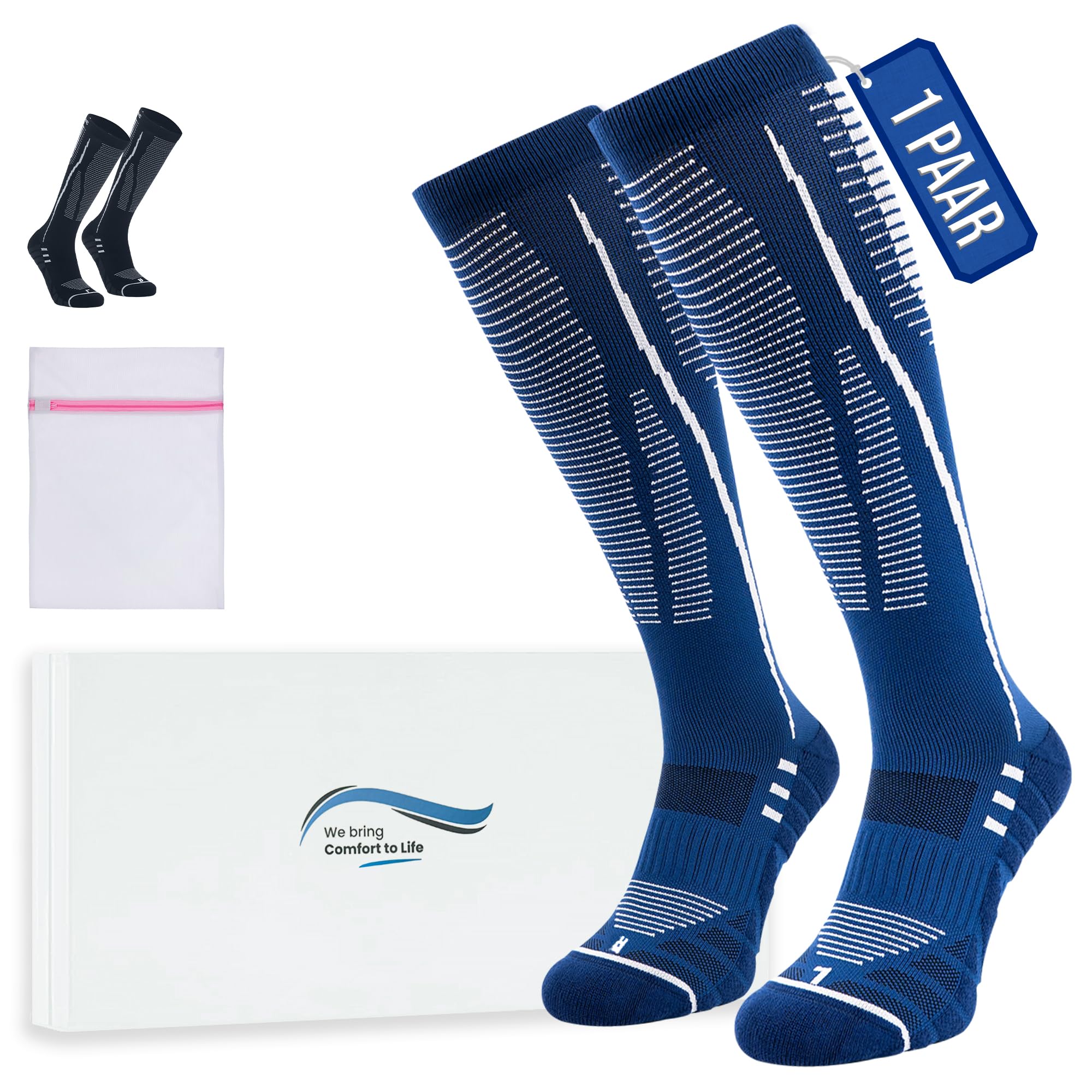 360 RELIEF Sport Kompressionsstrümpfe Damen und Herren - Abgestufte Kompressionssocken fur Laufen, Radfahren, Fitnessstudio, Reise, Flug - Atmungsaktiv Leichte Stützstrümpfe L/XL Blau mit Wäschenetz