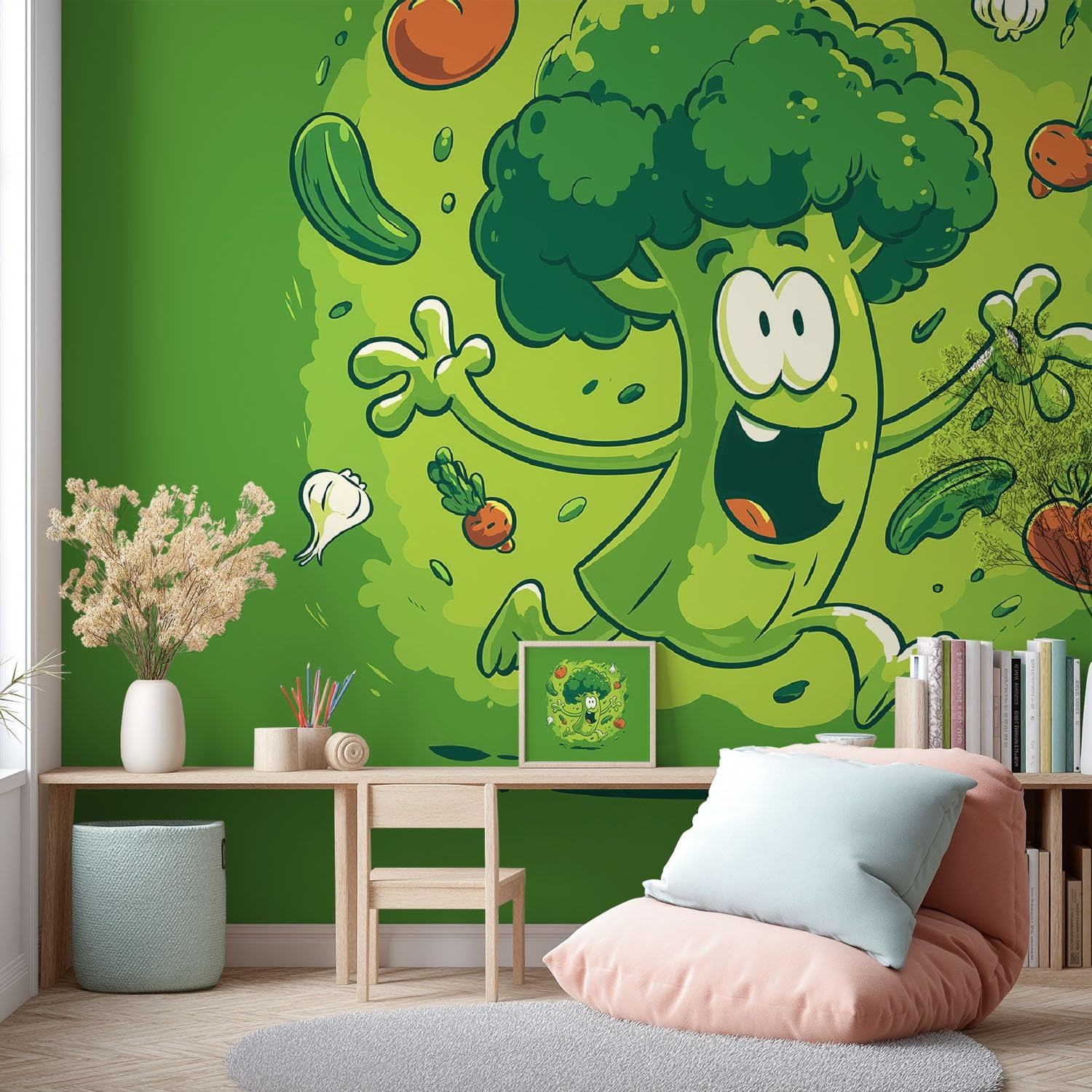 Wanddekoration Fototapete 350 x 256 cm, kindlich Cartoon lebhaft Brokkoli Gemüse Spiele, Wandtapete grün für Kinderzimmer Essbereich Küche, Vliestapete Wandbild als Wanddeko