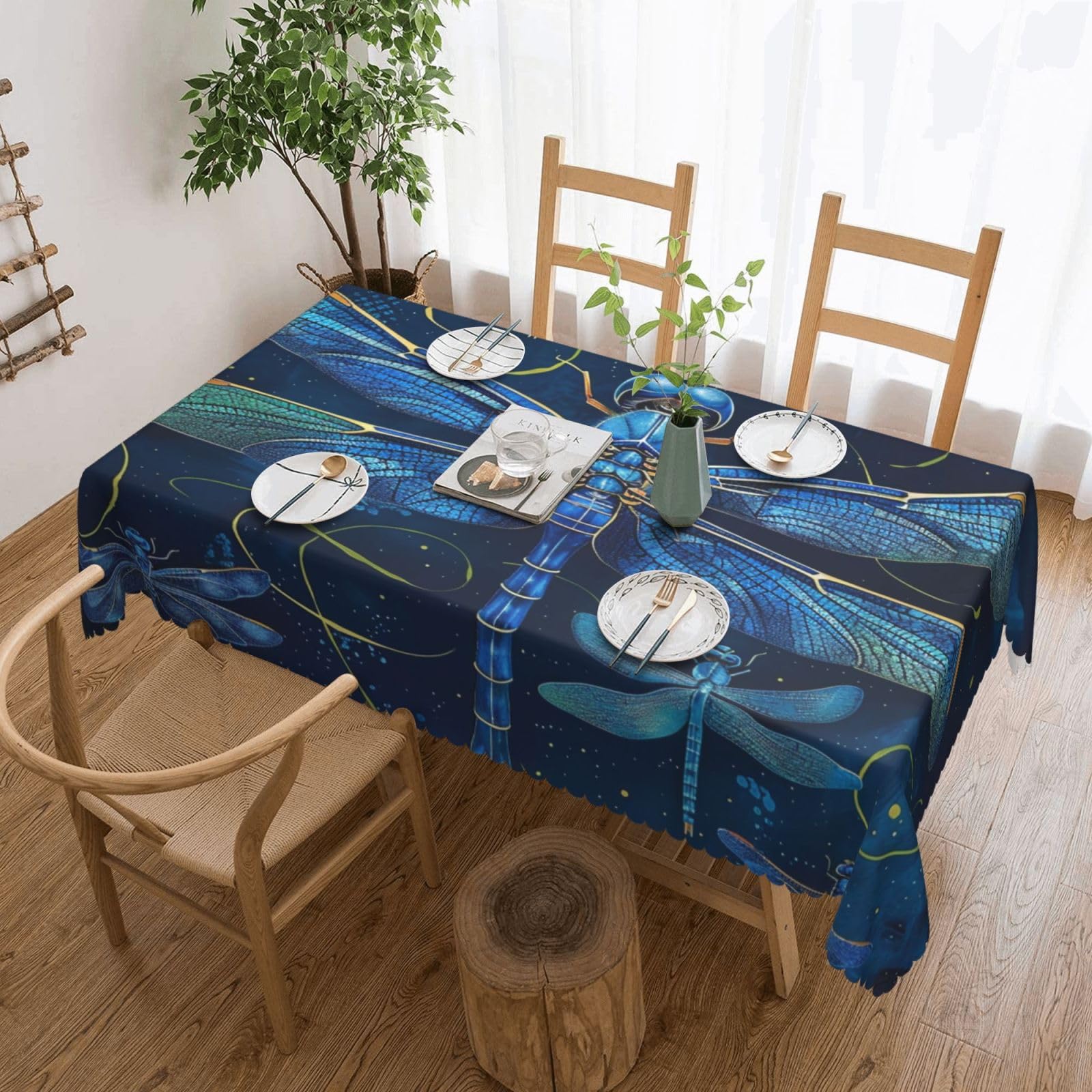 WPKJU Blue Dragonfly Printed Rectangle Tablecloth 72x54 Inch with Lace Trim, Water-Resistant Washable Table Cover for Farmhouse Weddings, Outdoor Picnics & Holiday Dining