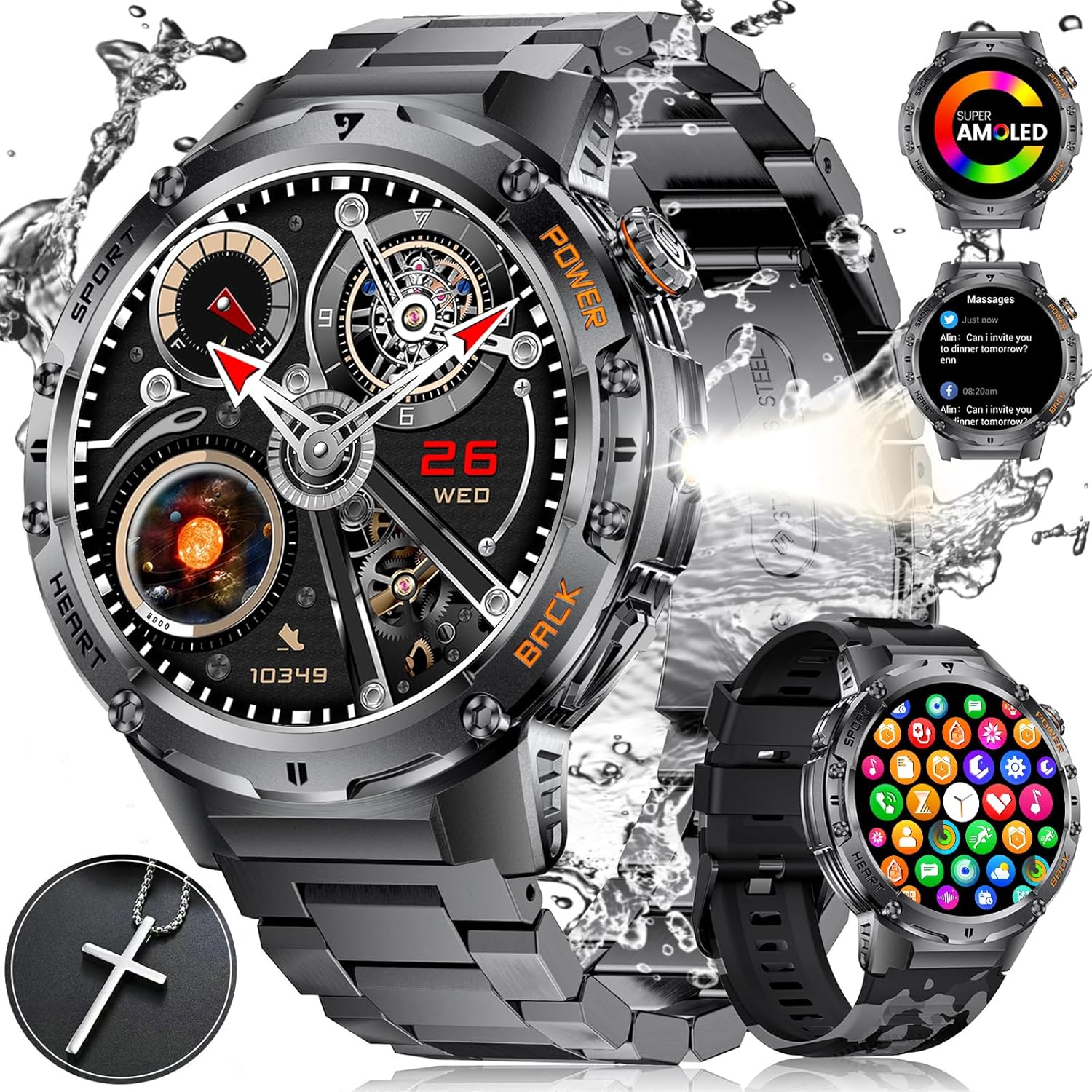 ESFOE Reloj Inteligente Hombre con Linterna,530mAh,1.43" AMOLED Smartwatch Hombre Militar con 5ATM Impermeable,132 Modos Deporte,Podómetro,Resistente Smart Watch Redondo con Llamadas Bluetooth
