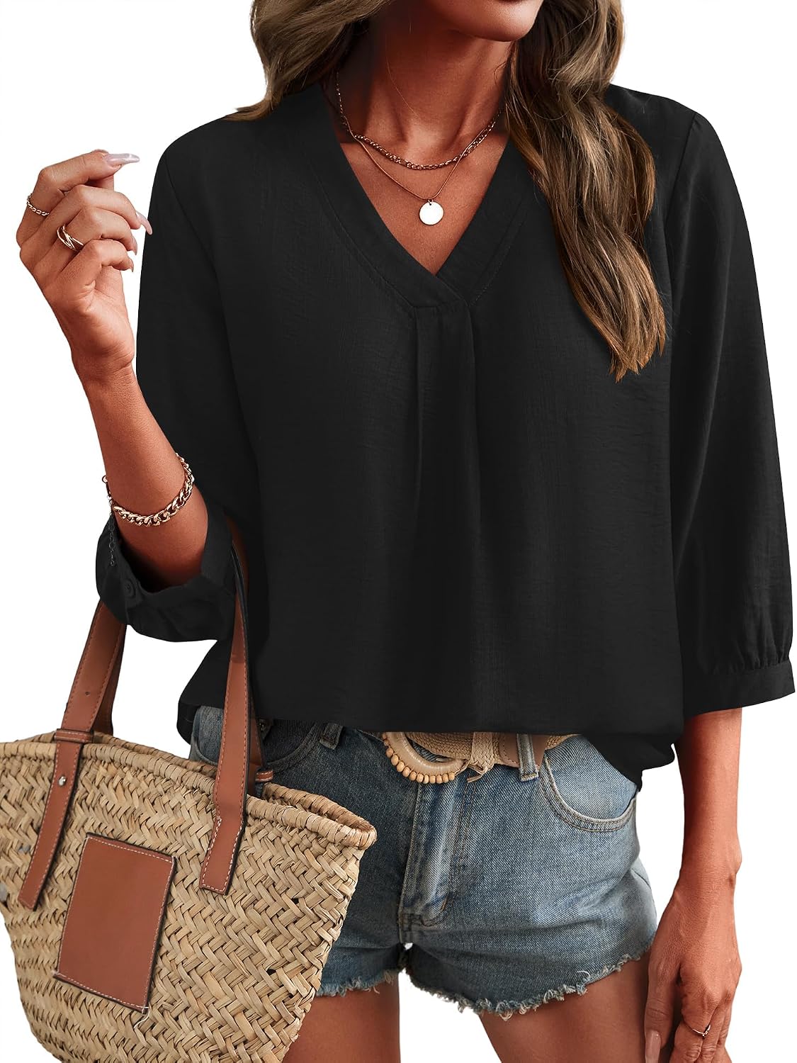 Bohemian Trendy Tops for Women 2026 Western Blouses Ladies 3/4 Sleeve V Neck Summer Shirts Black