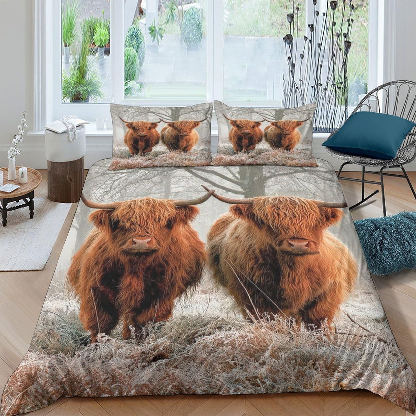 GPLZQXKJNH 3D Printed Highland Cow Duvet Cover Set Microfiber Soft Breathable Scottish Cattle Bedding Set with 2 Pillowcases for Bedroom Décor Single（135x200cm）